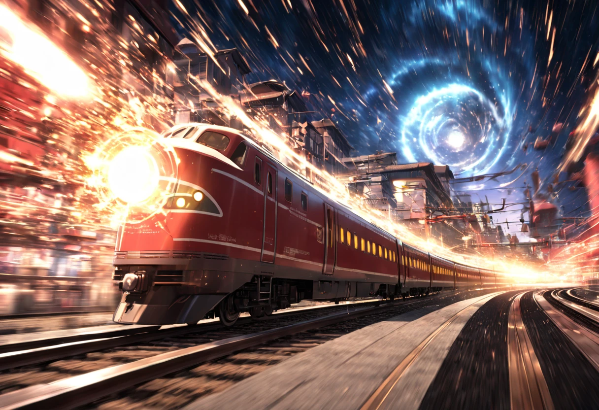 A train that transcends time and space ,  Run on rails formed by Particle Light(( motion blur:2.0 , Blue Lightning Effects :1.5 ,  Blue Particle Light Filter Effects :1.5 , backgroundぼかし)) , background:A warped world of space-time  , Dark blue bullet train 