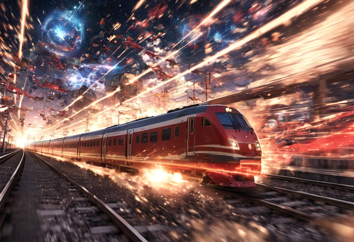 A train that transcends time and space ,  Run on rails formed by Particle Light(( motion blur:2.0 , Blue Lightning Effects :1.5 ,  Blue Particle Light Filter Effects :1.5 , backgroundぼかし)) , background:A warped world of space-time  , Dark blue bullet train 