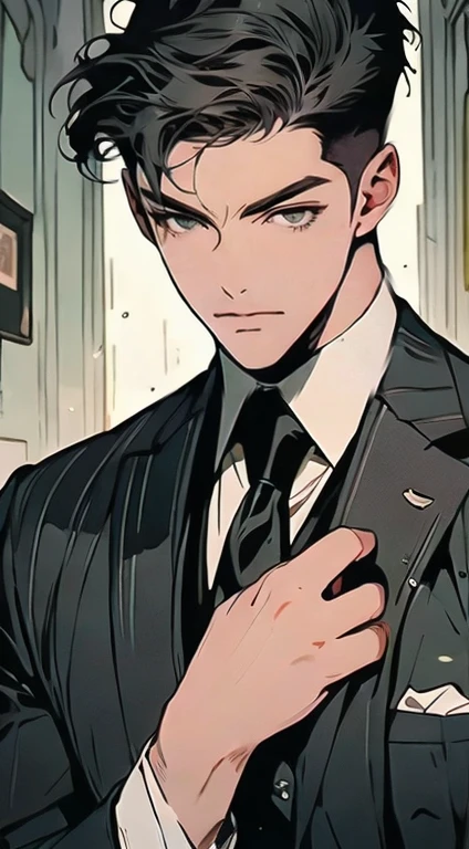 ((a young man in a black suit and tie)), taken in the early 2020s, gotham, alejandro, he looks very sophisticated, (((left side swept black short hair))), (dark green eyes and thick eyebrows), smirk. ((20 years old)), ((Black suite and black tie)), masterpiece, posture dynamic, one person, ((brown skin))