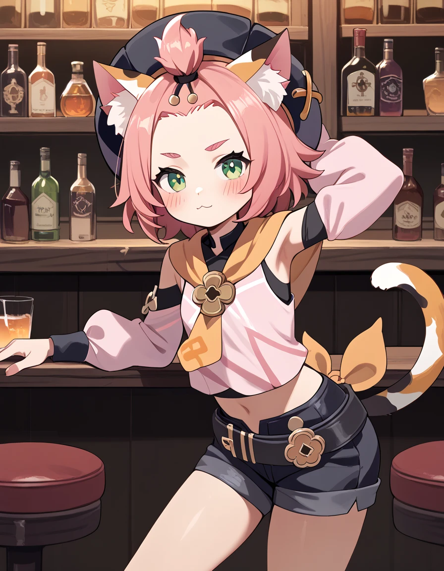 score_9, score_8_up, score_7_up, score_6, source_anime, BREAK diona \(genshin impact\), mngmst_style, 1girl, animal ear fluff, animal ears, belt, black shorts, cat ears, cat girl, cat tail, forehead, green eyes, hat, navel, pink hair, pink shirt, shirt, short hair, shorts, solo, tail, topknot,  armpits, bar, sexy, blush, neutral face