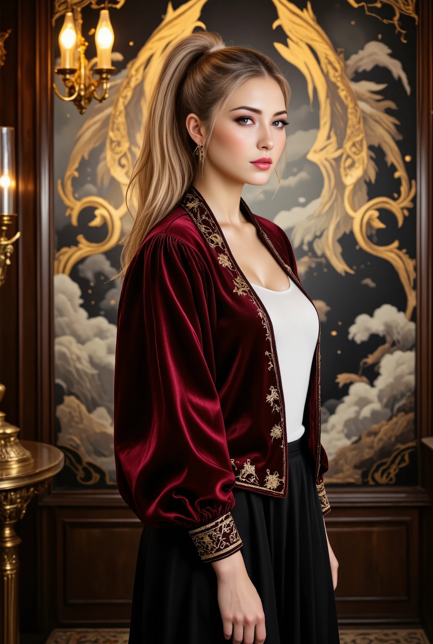 light particles, soft lighting, volumetric lighting, intricate details, finely detailed,1girl, solo, office worker, slim and healthy body, full body shot, (nudity:0.5), (beautiful and medium ample breasts:1.5) and a huge waist,blonde hair, long hair, high ponytail,red eyes, long eyelashes, thick eyelashes, looking at viewer, (dark red velvet fabric jaket, white shirt, black skirt:1.2), jacket with a snow and golden phoenix embroidery, Long skirt of deep red velvet fabric, puffy sleeves, juliet sleeves, (long sleeves:1.2), gorgeous tapestry wallpaper with a snow and golden phoenix embroidery, , (walking down the large, luxuriously decorated europian style hall:1.3)、,, (back side view:1.3),