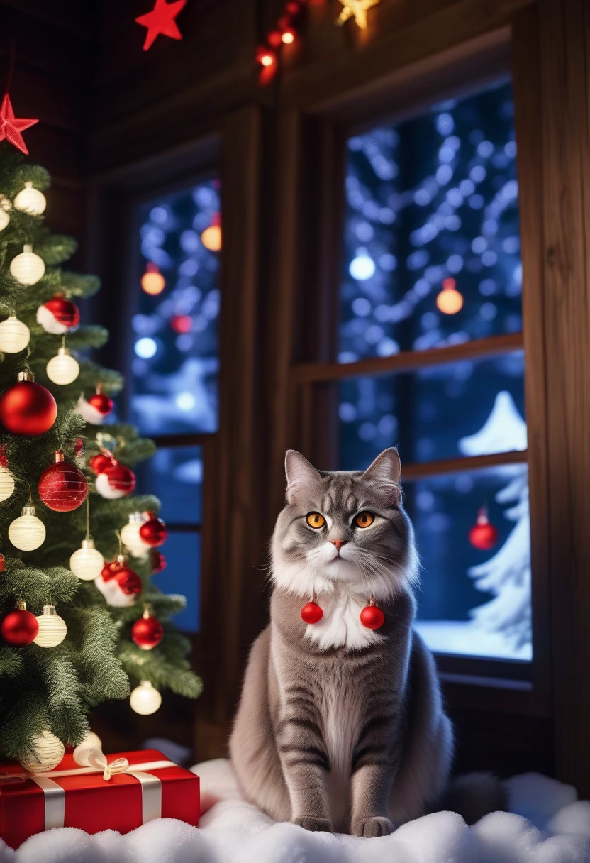 High image quality、A close-up of a grey cat、whole body、 facing the front。 Looking at Camera 、The cat is sitting on the wall of the stairs next to the log house、The cat has bright, glowing orange eyes、Plump Mouth、The cat is dressed as Santa、The cat is wearing a Santa hat、Night snow scene、The lights are on in the window of the log house、A Christmas tree can be seen through the window、階段沿いの木々The trees along the stairs are decorated with neon lights。Movie Photos、  very detailed, art .  Bokeh,