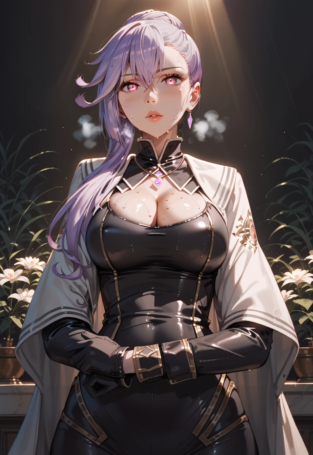 score_9, score_8_up, score_7_up, score_6_up, uncensored, emilialudwell, purple hair, pink eyes, long hair, hair between eyes, ponytail, hair bun, single hair bun, side ponytail, asymmetrical hair, asymmetrical bangs, large breasts, BREAK (perfect hands, perfect anatomy), beautiful detailed eyes, beautiful detailed lips, extremely detailed face and portrait, elegant expression, soft warm lighting, volumetric lighting, cinematic composition, detailed environment, lush garden, vibrant colors, intricate details, masterpiece, high resolution, digital painting, excessive sweating, sweating profusely, sweating drop, gasping, heavy breathing, hollow eyes BREAK, ruanyi0907,black bodysuit,black gloves,cleavage cutout,skin tight, standing, 