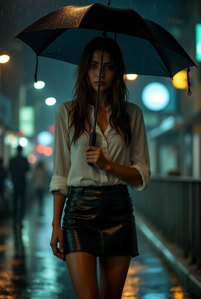  A beautiful woman gets drenched in the middle of the night due to sudden heavy rain、I don&#39;t have an umbrella、Office district late at night 、 white blouse、 short skirt 、detailed expression、 wet thighs 、  Full Body Portrait  