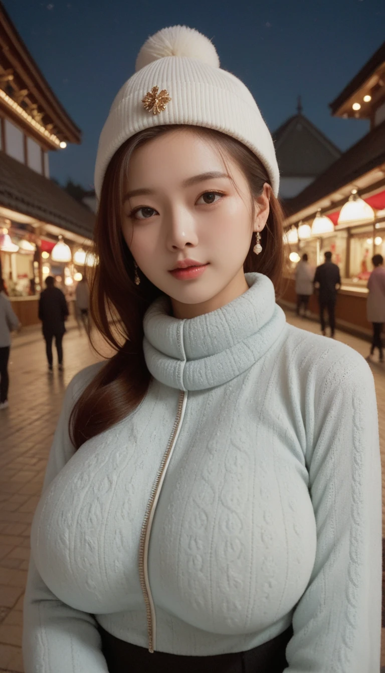 (  Top Quality , 8k, masterpiece: 1.3), (((((( Huge breasts : 1.4)))), (  beautiful face :1.3), downtown, amusement quarters, Korean woman in her 20s, Upper body, night, Outdoor, Winter clothes