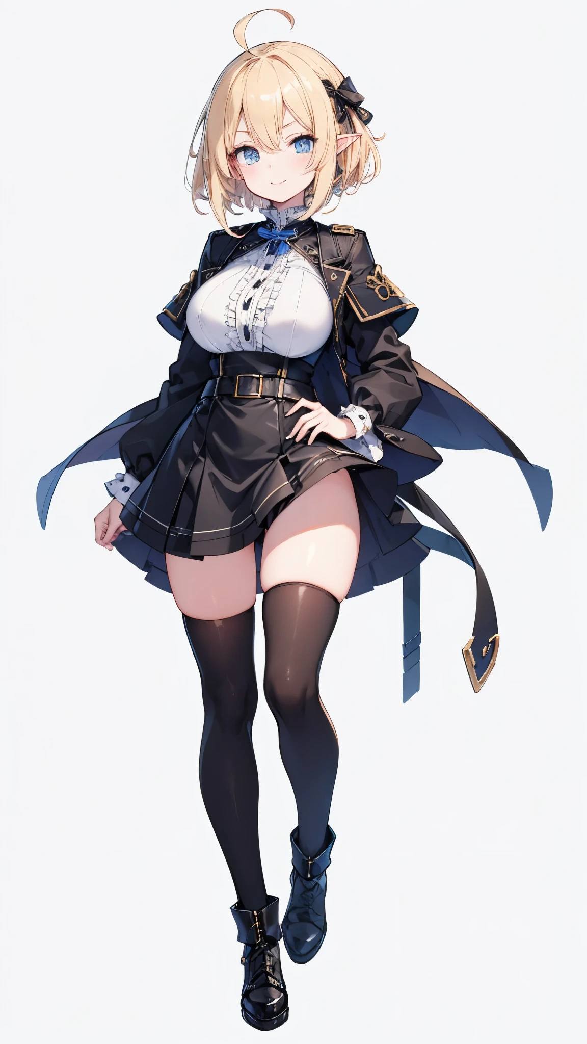 masterpiece,  best quality,((Full body portrait of one tall adult woman)),(( Standing straight )), ((detailed blue eyes )), (( blonde short hair,Ahoge)), Big Breasts,(((black big hairpin ))),Elf, black thigh high socks, black boots ,black military gothic ta costume, black long coat, Black Ruffle Skirt ,(((( no background )))),Droopy eyes,thin straight eyebrows,thick waist gun belt , white skin, looking at me,A cheerful smile, fantasy , I don't have anything in my hands 