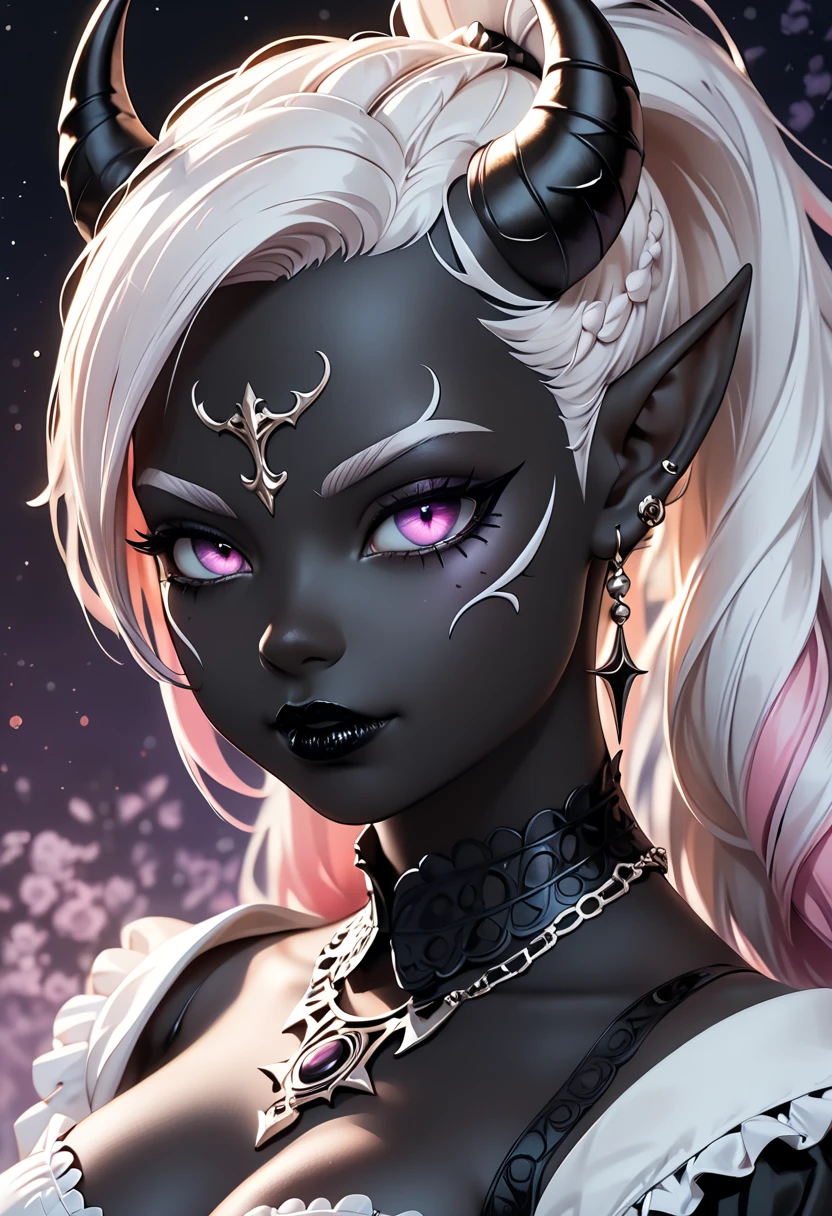 score_9, score_8_up, score_7_up, ((Masterpiece)), ((highres)), ((1person, 1girl, 1female)), Random poses, beautifully detailed succubus girl, ((white mohawk w/ponytail)), defined elf ears with ear guages, defined eyes, pastel iris, long eye lashes, defined nose, black lipstick, curvy, (((Black skin))), black demon horns, breasts, night sky, pastel gothic style, gothic style art, gothic asthetic, (((gothic horror background))), bust shot