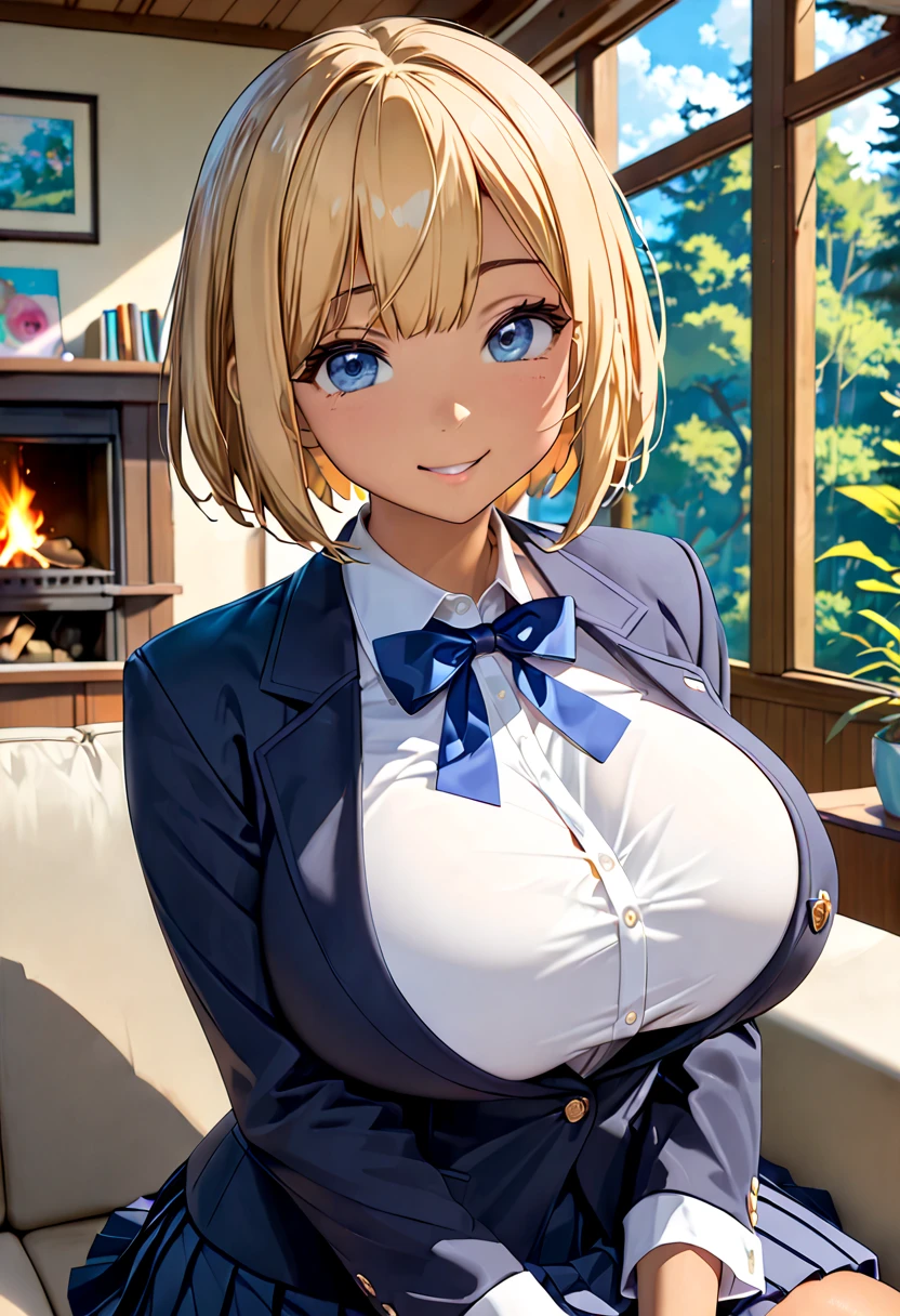 {{nsfw:1.5}}，masterpiece,   best quality ,  one girl who is at ease,  Shire,  side up, Colored tips ,Improve,   Big Breasts ,  wide hips,   Classroom Background ，, cute face,big eye, double eyelids，smile，Blonde  short hair，Elena is(
 1 girl,
18 years old,
 beautiful Japanese woman sitting in front of fireplace ,
 Cute Japanese Girl ,

 blonde hair ,
 short hair,
(dark blue eye),
( tanned skin:1.3),

(break、break、 jk Fashion Dark Blue,)
(wearing blazer &  pleated skirt  &  white shirt:1.3),
Open blazer,
Blue ribbon on chest,
(Improve),

(Big Breasts:1.3),
big ,
 glamorous ,
Muscular,
Slim waist,
 Thin Waist,
)

break,
( close-up face :1.5),

(close eye:1.3),
( Please stick out your tongue:0.1),
(Approaching Kiss :1),
( face waiting for a kiss :1),
 open her mouth ,

( upper body),
 Watch Viewers ,

( MODERN GIRL'S ROOM ),
(Sofa),

break,

(masterpiece),
( best quality),
( ultra high resolution with forest background),
( Professional Anime ),
 beautiful lighting,
 transcendence amazing illustration ,
 beautiful details ,
 beautiful details  face & eye,
 beautiful details  body,
 beautiful details  skin,
8k, can see nipples 