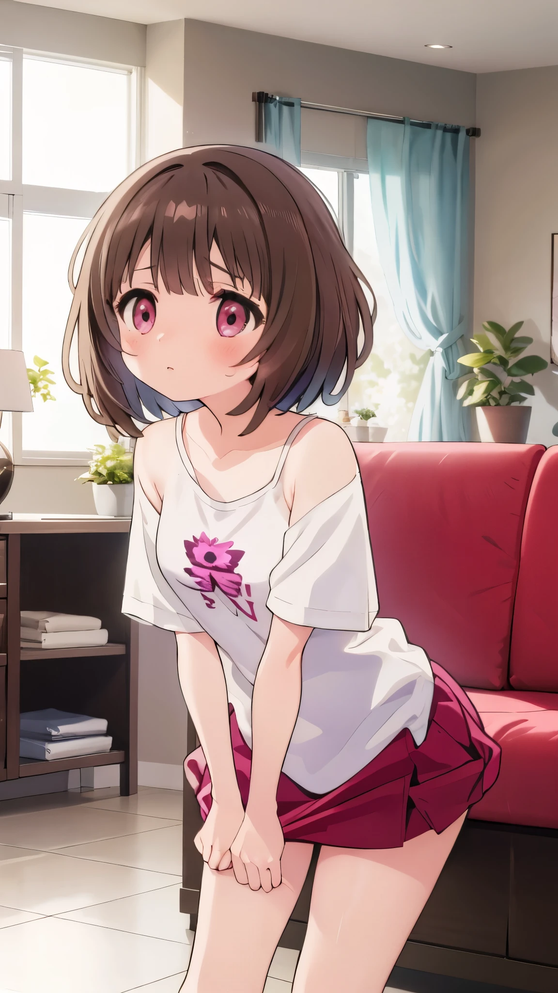 Llenn_GGO, standing, leaning forward, (****:1.4), t-shirt, naked shirt, oversized shirt, bare legs, Oversized shirt, solo, 1girl, living room