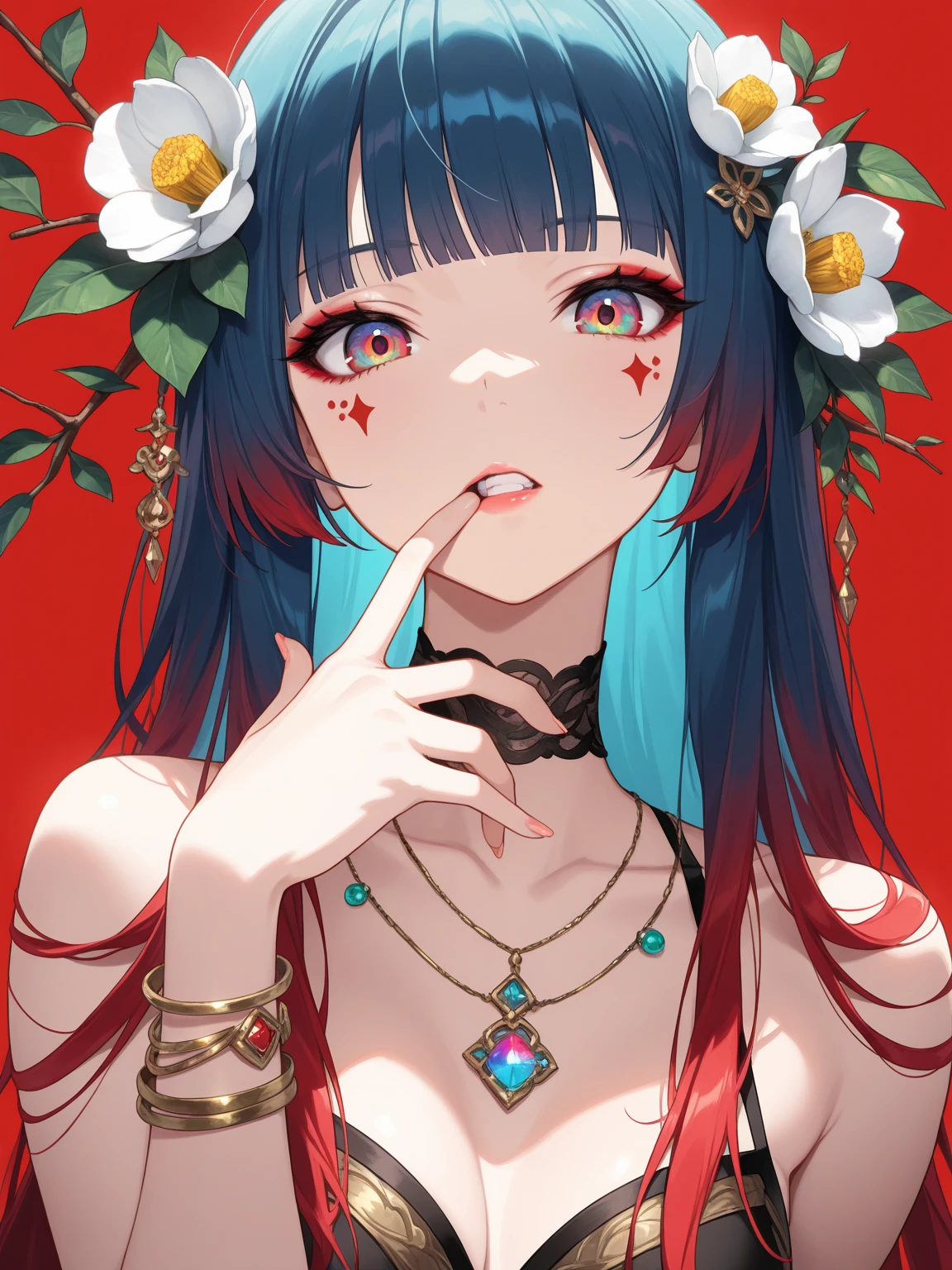 1girl, multicolored eyes, solo, flower, jewelry, red background, long hair, necklace, bracelet, hair flower, red hair, looking at viewer, hair ornament, simple background, upper body, teeth, multicolored hair, blunt bangs, finger to mouth, hand up, collarbone, makeup, choker, fingernails, parted lips, eyeshadow, red eyes, blue hair, white flower, gradient eyes, camellia, bare shoulders, branch, finger in own mouth, facial mark, leaf                                                                                                                   
 ,masterpiece,best quality,newest,
