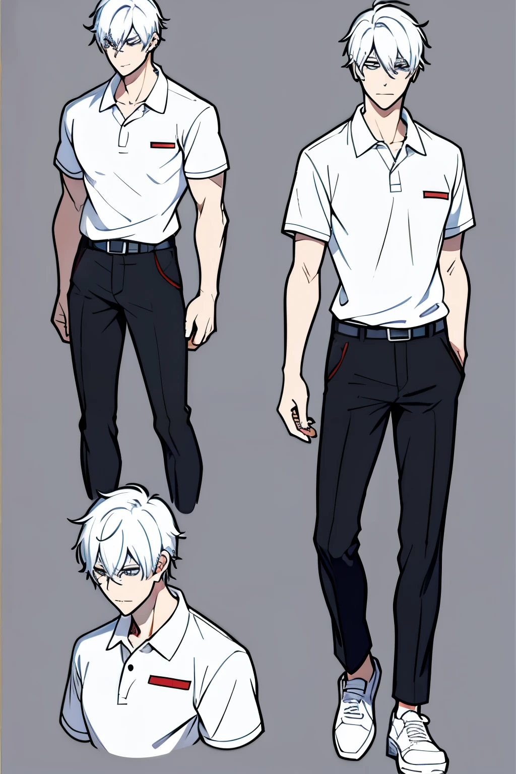 Go Eunhyuk from the Webtoon called Operation True Love, concept art, character concept, handsome main character, white shirt with short sleeves, white polo, black pants, white shoes, ((school uniform)) full body, character sheet