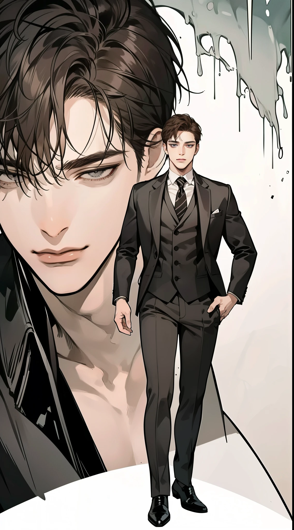 masterpiece, best quality, realistic, 1man, mature male, quiet and charming young man, 25 year old, serious look, closed mouth, portrait, extremely detailed face, cold smile, ((dark grey eyes)), ((short-right-swept dark brown hair)), [thick eyebrows], ((suit)), handsome, full body, western, Jewish, light brown skin,