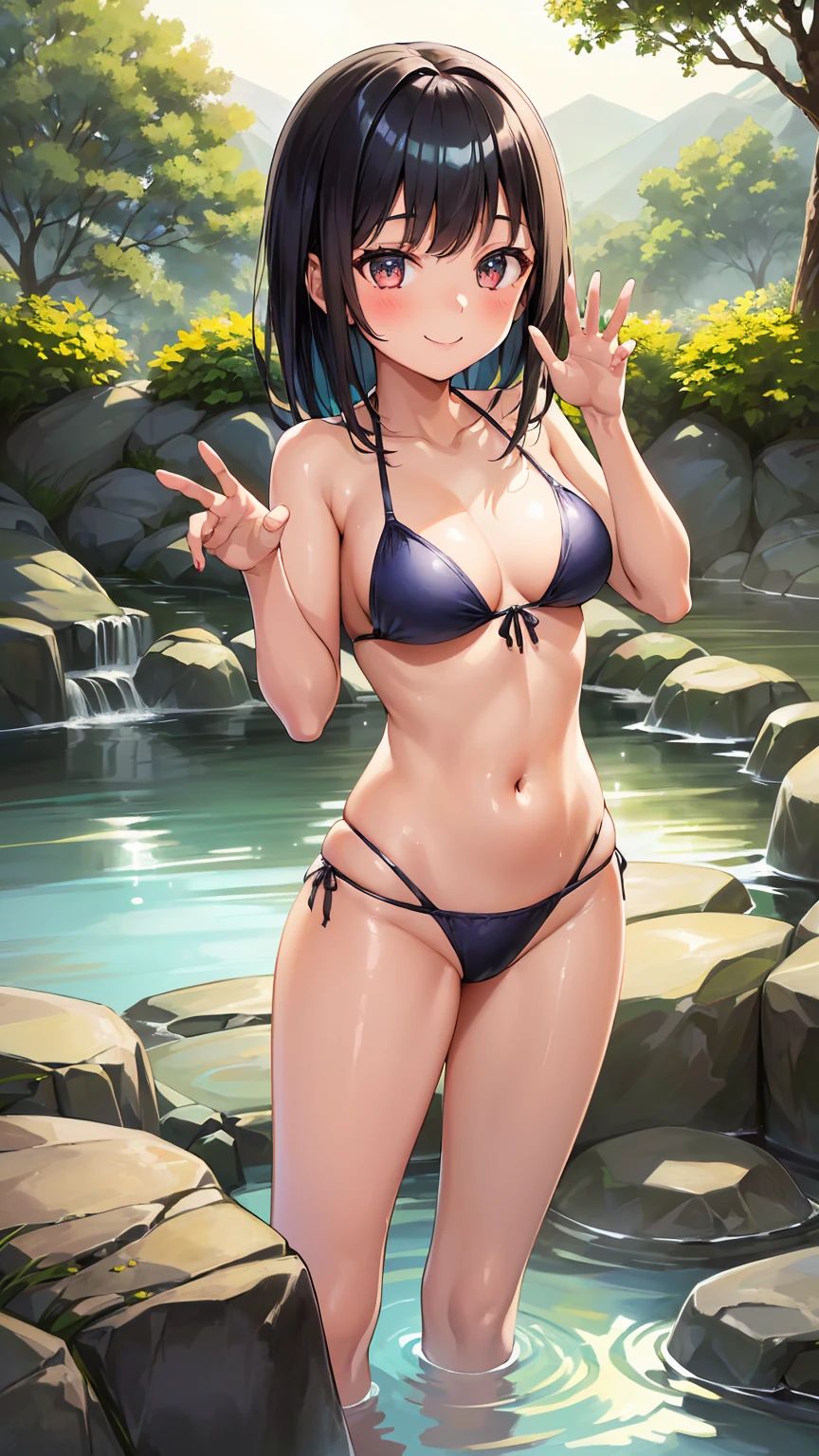 (8k),(masterpiece),(Indonesian),(-yeld gir((innocent look)),((Childish)),((no bra)),From the front and above,smile,cute,Innocent,Kind eyes,very wet short white thin bikini,semi-long,Hair blowing in the wind,Black Hair,Somewhat strong wind,noon,bright, takamichi style 