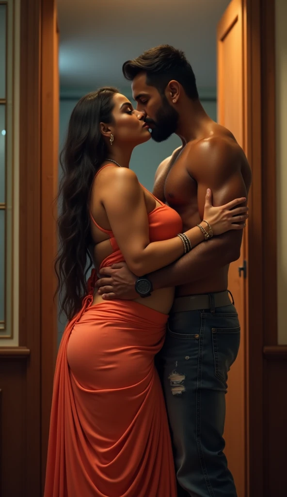 Newly wed indian couple, hot curvy white south indian milf with long hair, big breast, big hip, very big ass, thick thighs, woman wearing sexy dress, cleavage, indian couple, very short indian black man with side fade haircut, very big muscular body and beard, man wearing shorts, woman with man, couple in house balcony, high resolution, couple looking at camera, tall woman and short man, close-up potrait, Closed Mouth, serious face, front full body view, 