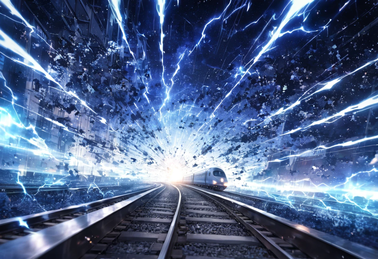 A train that transcends time and space ,  Run on rails formed by Particle Light(( motion blur:2.0 , Blue Lightning Effects :1.5 ,  Blue Particle Light Filter Effects :1.5 , backgroundぼかし)) , background:A warped world of space-time  , Dark blue bullet train 