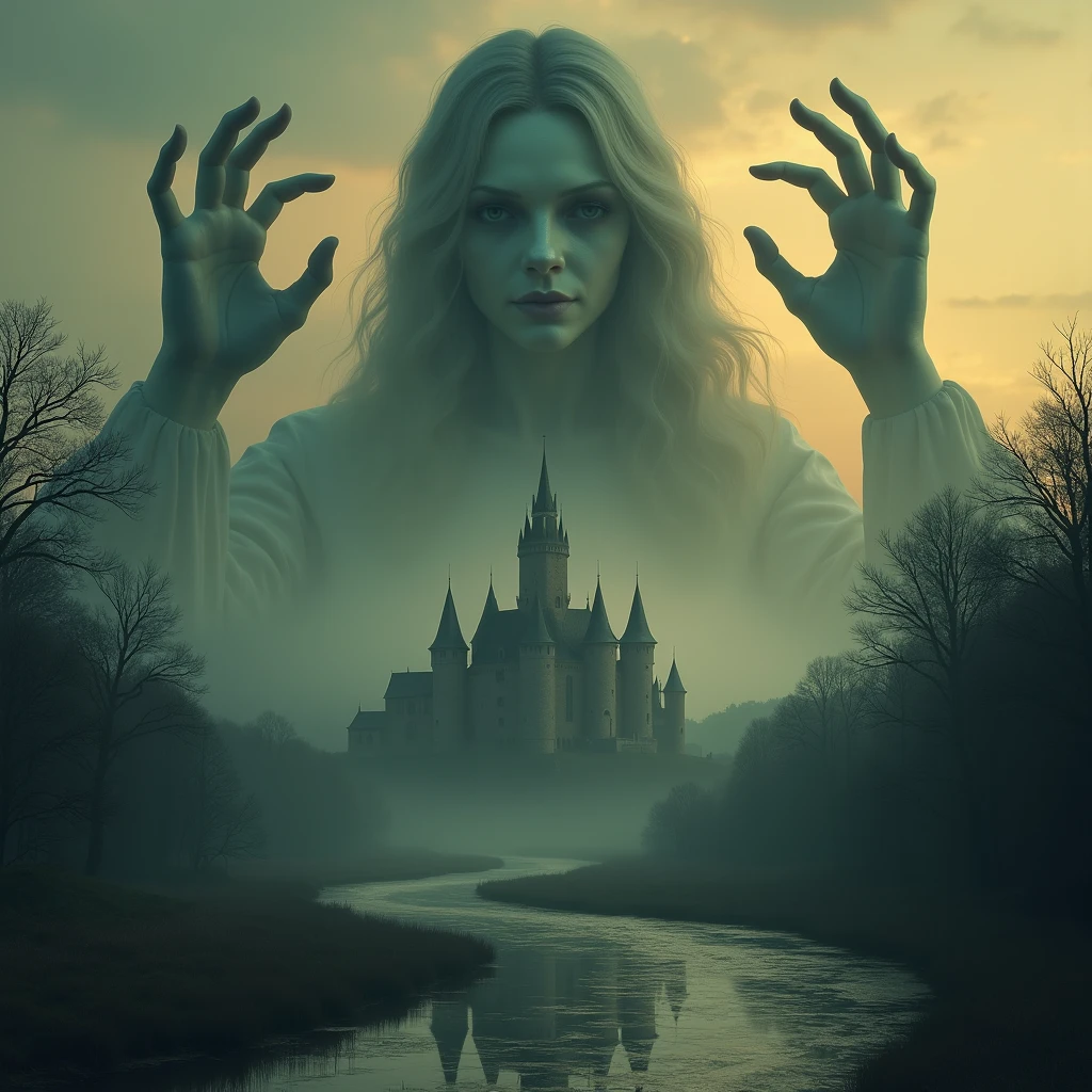 Horror、 there is a medieval castle in the center 、 There is a river flowing in front of the castle 、 there is a big face of a woman looking down at the castle from above、 big hands spread out to the left and right of the castle 、 big face and hands look hazy 、The background is at dusk 、