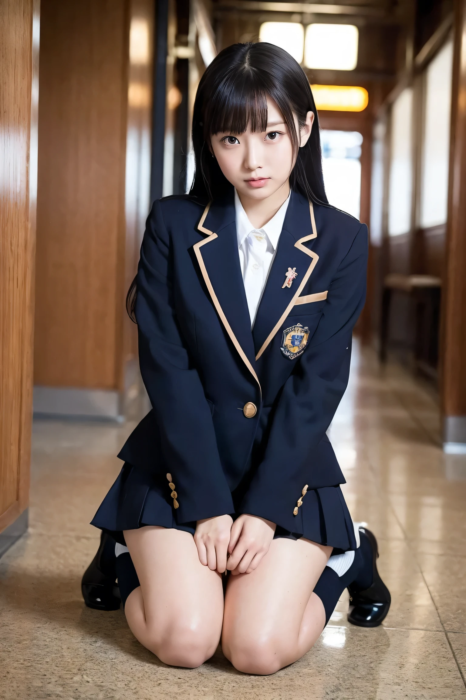 Japanese 18 year old female,cosplay Japanese high school uniform,Sit-in,(Knees and thighs together:1.2),Upskirt from under the skirt,High school hallway,Full body photo of、Shooting from a low angle,( notice her crotch :1.1),She shows her knees,Push your knees forward,Bring both knees together,Press both thighs together,(Put your hands on your knees:1.2)