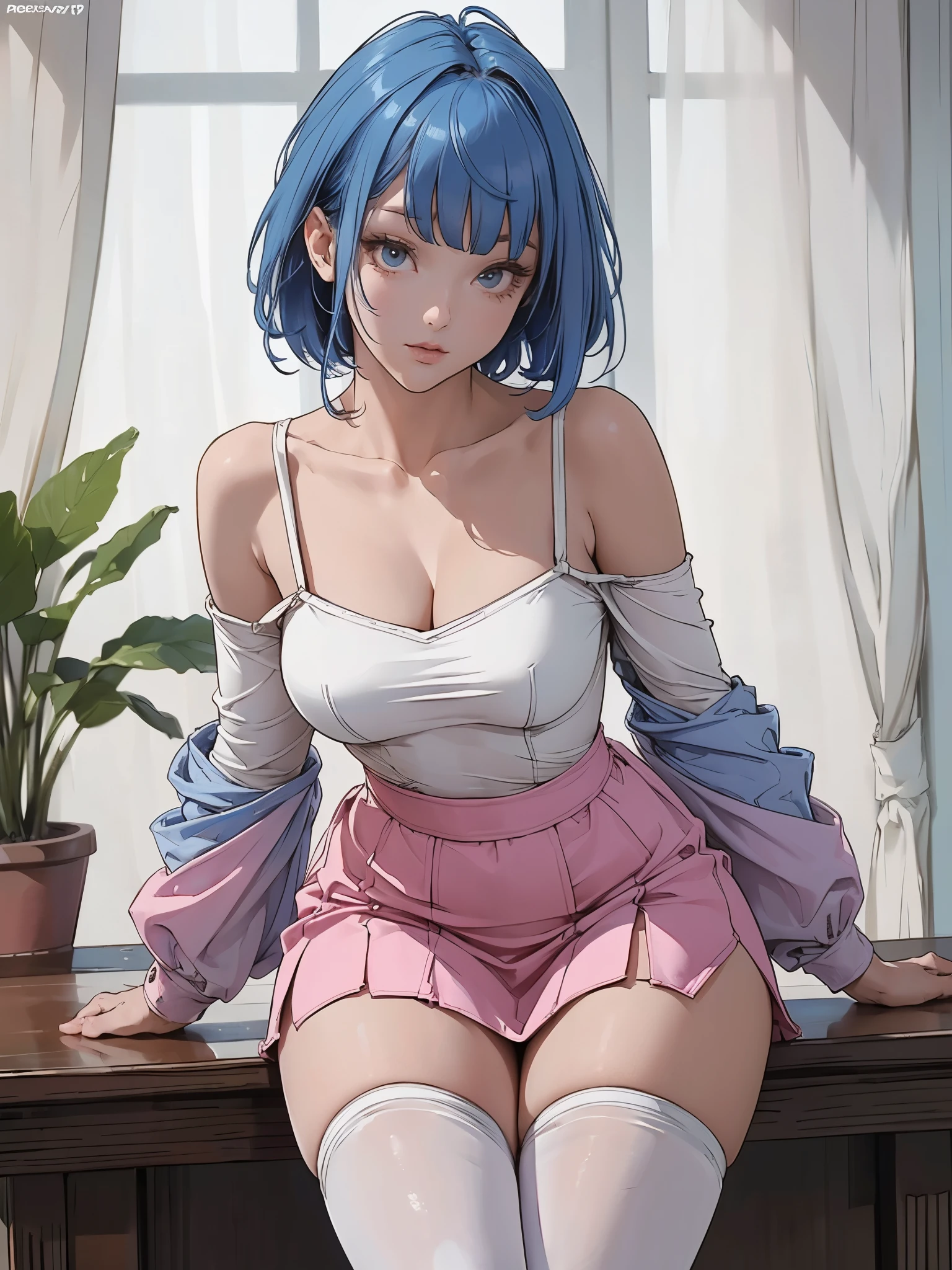 (best_quality, masterpiece:1.2), (highly detailed), (4k, 8k, uhd, high_resolution, highres), girl, blue hair, intricate hairstyle, bangs, thigh highs, thighs, large thighs, sexy, short pink skirt, sleek white off-shoulder armor, (young, cute:1.4), (large breasts:1.2), armpits, bend over, table, well dressed, (strap gap:1.4), (strap gap:1.4),