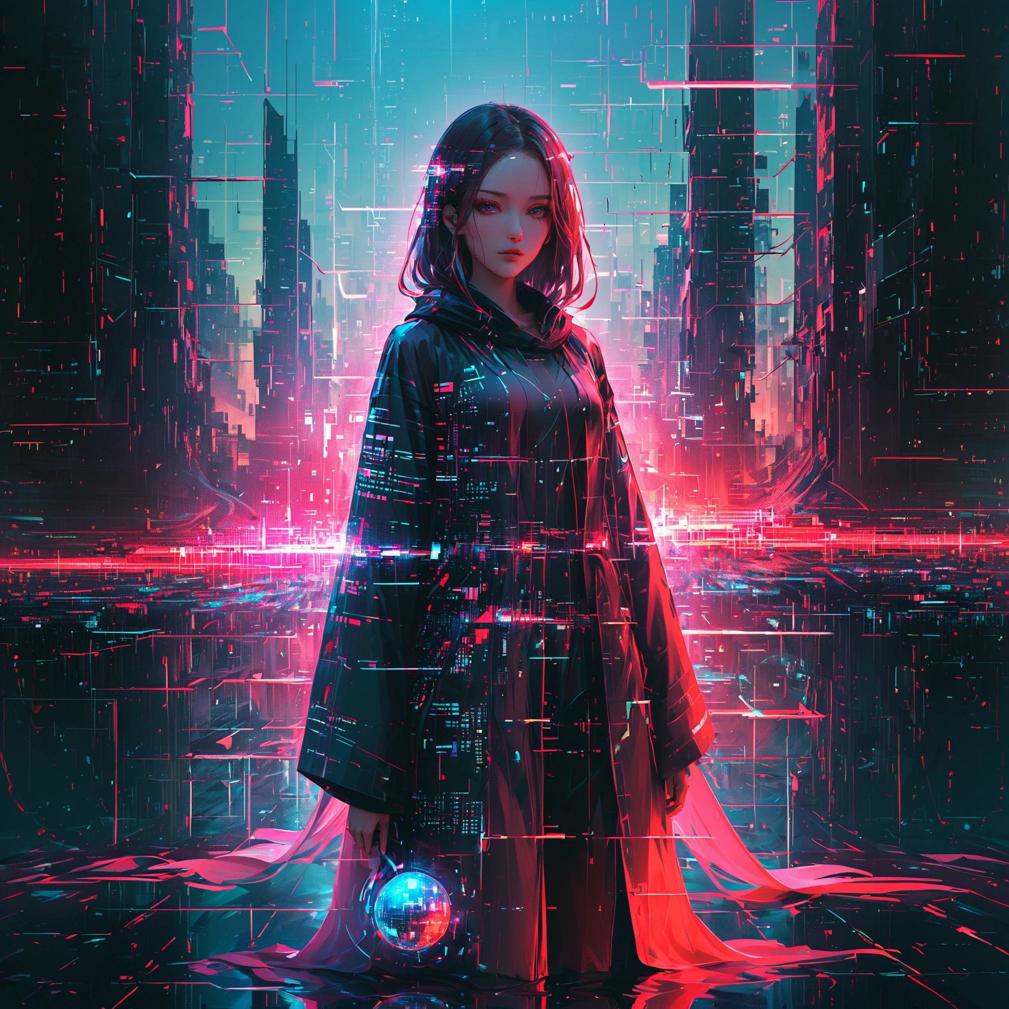 An imposing cyberspace woman warrior, standing amidst a futuristic cityscape dominated by skyscrapers covered in glowing cybernetic data, multimedia graphics, and media. Her eyes gleam like moving stock quotes, filled with numbers, and her loose robe is composed of spiraling encrypted digital symbols, programming language, and data and information streams. In one hand, she holds a large glowing rainbpw orb representing the fantasic digital world, with blue and red languages ââchaotically interacting within it. In the other hand, she holds another orb representing the connectivity between the digital and real worlds. The background is alive with flickering screens, fluctuating code, and skyscrapers bending and shifting as if responding to her will. Her expression is intense and commanding, embodying the volatility and power of the Internet reflected in the shifting lights around her. , darkcore, - SDXL - vanta-black_contrast_V3.0