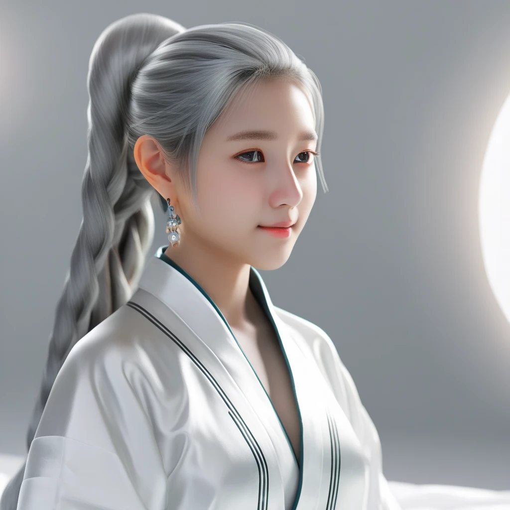 (best quality, masterpiece:1.2), ultra high res, realistic, front lighting, intricate detail, Exquisite details and textures, 1girl, solo ,(young), face highlight, upper body, detailed face, tear mole, white skin, silver hair, ponytail, braid hair, looking at viewer, big eyes, silk robe, (hollow pattern, white, silk), earrings, small breasts, slim body, luxury room, professional lighting, photon mapping, radiosity, physically-based rendering,