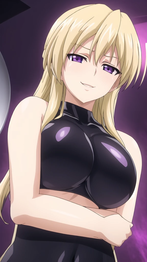 Erotic　Tall busty blonde with twin tails, mature married woman, female executive in shiny purple rubber suit, red heart on black background, bedroom, dark theme, evil, temptation, excitement, condescending smile, sexy pose, upper body emphasis, angle from below, bat wings, succubus