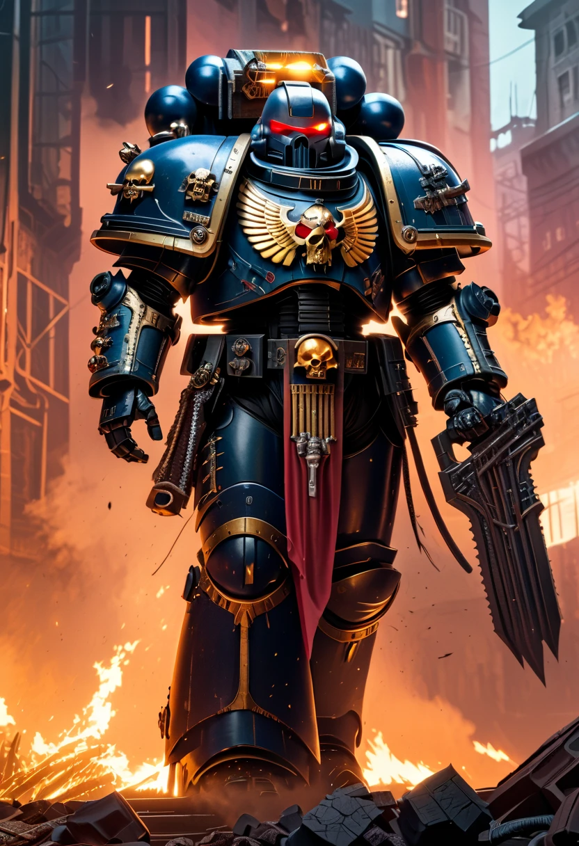 Warhammer 40K universe, Storm Wardens Knight's Armor Astartes from the 2nd Legion，Mechanical suit of obsidian red, black and gold armor， standing victorious over a non-compliance world with other，Intense war-like environment，holding a power sword，Destroyed buildings and flames，The background is a futuristic cityscape，severe and threatening atmosphere，Sci-fi cyberpunk aesthetics，High contrast and desaturated tones，Dramatic and dynamic lighting effec。best quality,4k,(highres,masterpiece:1.2),ultra-detailed,(realistic,photorealistic,photo-realistic:1.37)