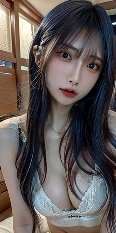 Highest quality、8k、32K、masterpiece、Ultra-clear、Highest quality、8k full vision, Cinema Lighting:1.2)、(Blue Right), One Girl、Long Hair Girl、Beautiful Japanese Woman、Black-haired、Heavy bangs、Hair length、(Super big breasts:1.5), (Jirai Type Makeup, Jirai girl), Sparkling under-eye bags、Red glitter eye makeup, From feet to head、

indoor、moonlit room、Dark Room、dim、(((((Completely naked))))),(((nsfw)))