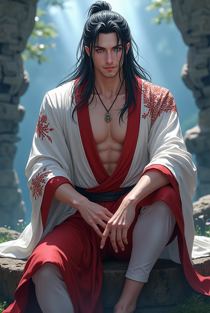 Realistic,Hot muscular Male concubine in the Han dynasty on his knees, wearing ancient revealing Chinese dress with long hair and masculine features. --auto --s2