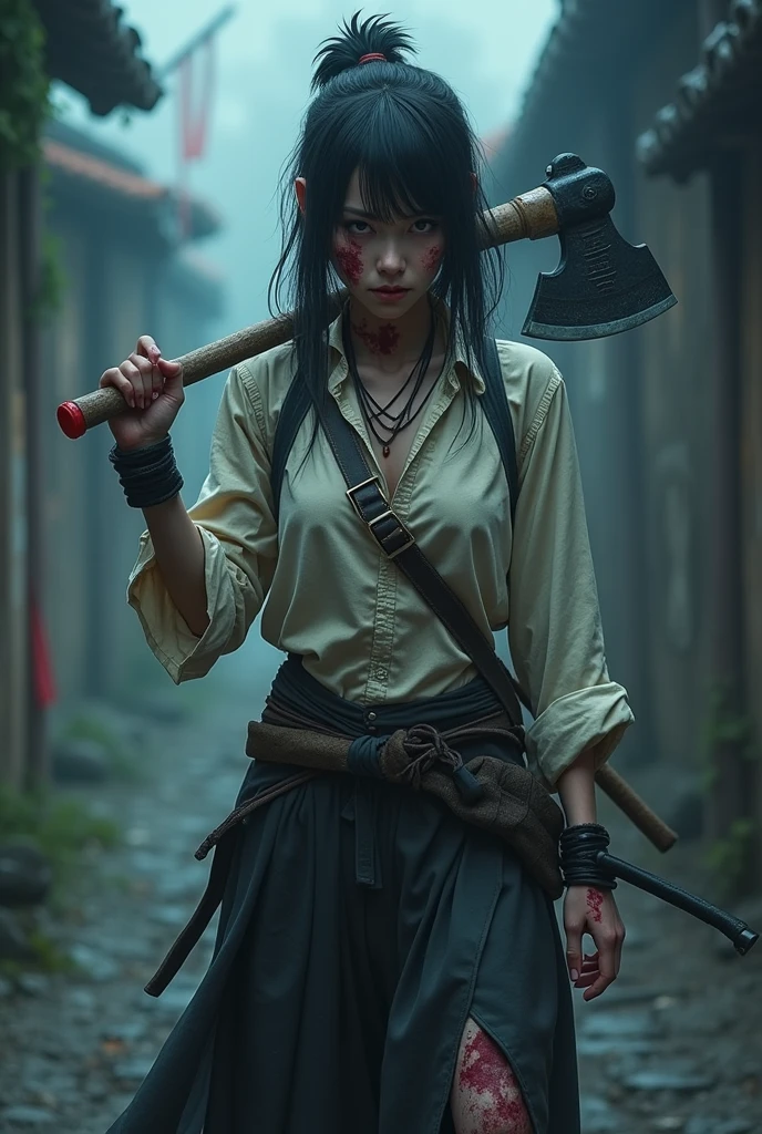 zombie woman 、 Japanese、20 years old、Twenty years old、Blue Face、 I have a sword or broken bow stuck in my body, but there's no blood、I have an axe in my right hand 、 I have a knife in my left hand 、