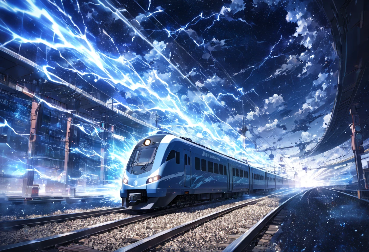 A train that transcends time and space ,  Run on rails formed by Particle Light(( motion blur:2.0 , Blue Lightning Effects :1.5 ,  Blue Particle Light Filter Effects :1.5 , backgroundぼかし)) , background:A warped world of space-time  , Dark blue bullet train 