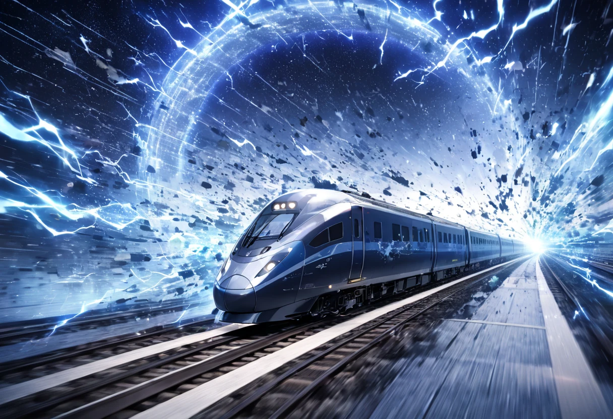 A train that transcends time and space ,  Run on rails formed by Particle Light(( motion blur:2.0 , Blue Lightning Effects :1.5 ,  Blue Particle Light Filter Effects :1.5 , backgroundぼかし)) , background:A warped world of space-time  , Dark blue bullet train 