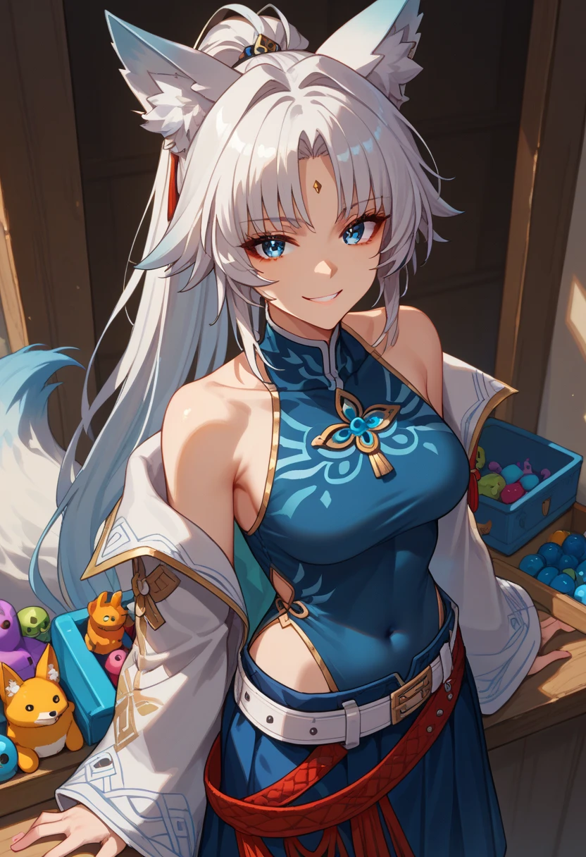 sEssential_9,sEssential_8_above,Essential_7_above,  feixiao-hsr  , 1 ,  animal ears , Alone,  looking at the viewer , shezfe , blue eyes, breasts, fox ears,  long hair, smile, jewelry, toys, Animal ear fluff, covered navel , belt,  ponytail, fringe, 