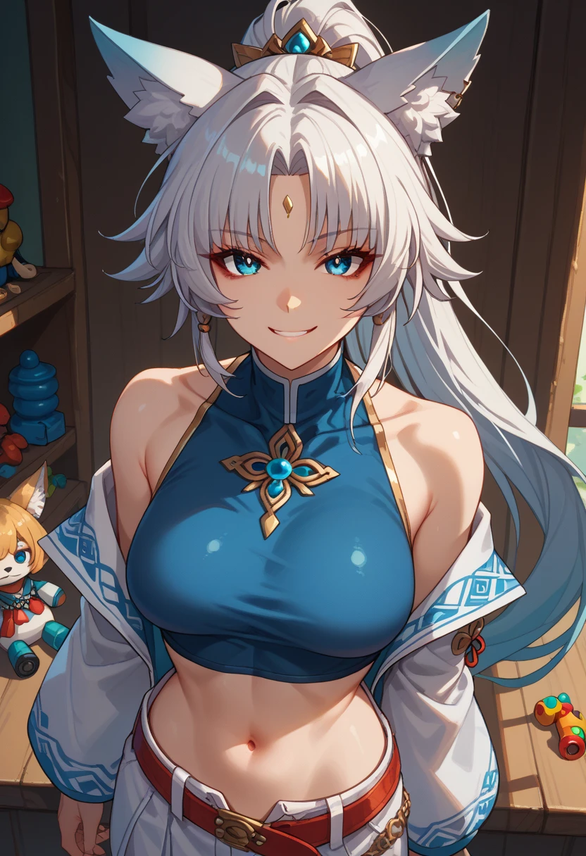 sEssential_9,sEssential_8_above,Essential_7_above,  feixiao-hsr  , 1 ,  animal ears , Alone,  looking at the viewer , shezfe , blue eyes, breasts, fox ears,  long hair, smile, jewelry, toys, Animal ear fluff, covered navel , belt,  ponytail, fringe, 