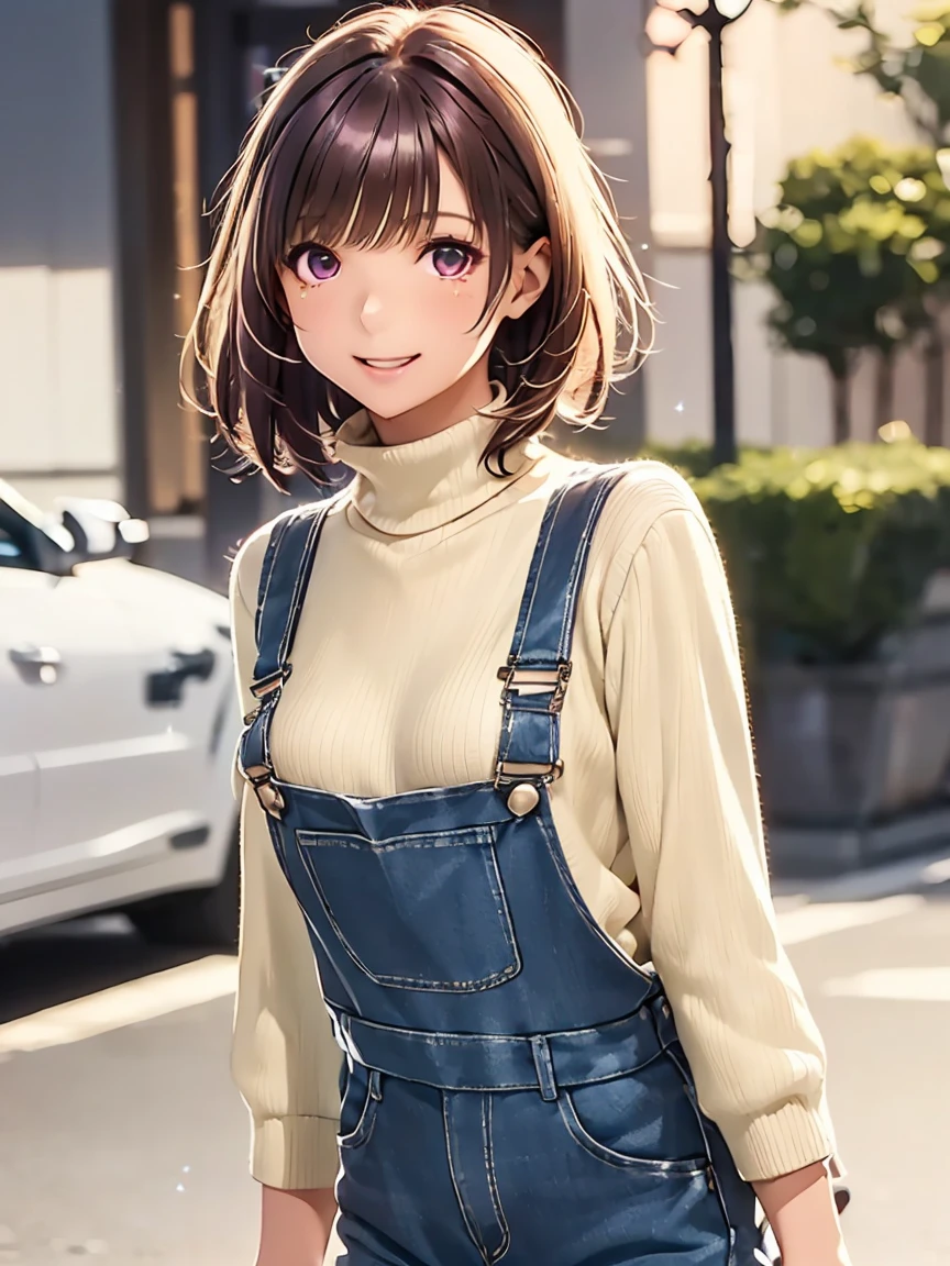     High Definition to keep your legs loosely aligned  ,In 8K,  best quality ,  Details, semi-realistic anime , D-anime style ,  Smooth Anime CG  ,  one girl who is at ease,   19-year-old Japanese woman , ((Beauty)),  slim,modeling,((Sparkling Eyes)),(( short hair )),(( short bob)),(( jean fabric overalls)),(( turtleneck knit )),(( Maroon Sparkling Hair )),  pink lips,  Shiny Brown Hair ,  Detailsな顔,Beautiful and   Details,,((深い青紫色のSparkling Eyes)),((Open your mouth)),(Smile),((Illustration sketch )),(( cat is walking beside )),(( eye contact with cat )),((fun)),