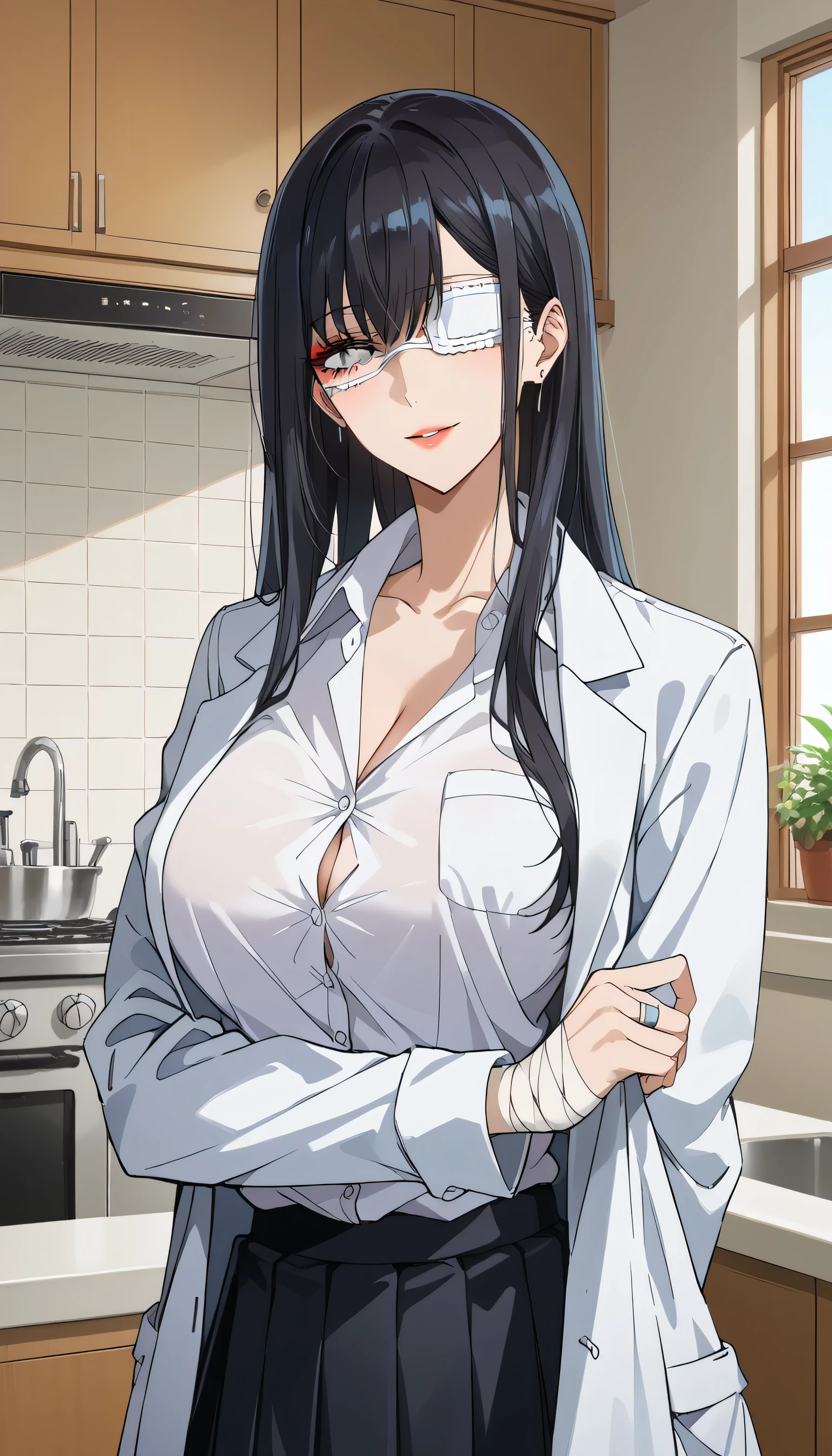  score_9,  score_8_up,  score_7_up,  source_Anime,masterpiece, Wicked Smile 、Kitchen Disorders 、White eye patch、Bandage on hand、 best quality, BEAUTIFUL AND DETAILED EYES ,  beautiful detailed lips,  hopeless expression 、Aggressive look、 very detailed eyes and faces, tired look、 long breasts, 1 female, Put on a white coat、School uniform under a white coat,  high school girl、Matte Clothes 、 black skirt、Big saggy breasts, shockingly  Big Breasts ,  Big Breasts , room,  No Emotion 、 zitales, makeup、 no makeup、 black hair、 long hair、 zitales、Aggressive face、Kitchen Disorders なポーズ