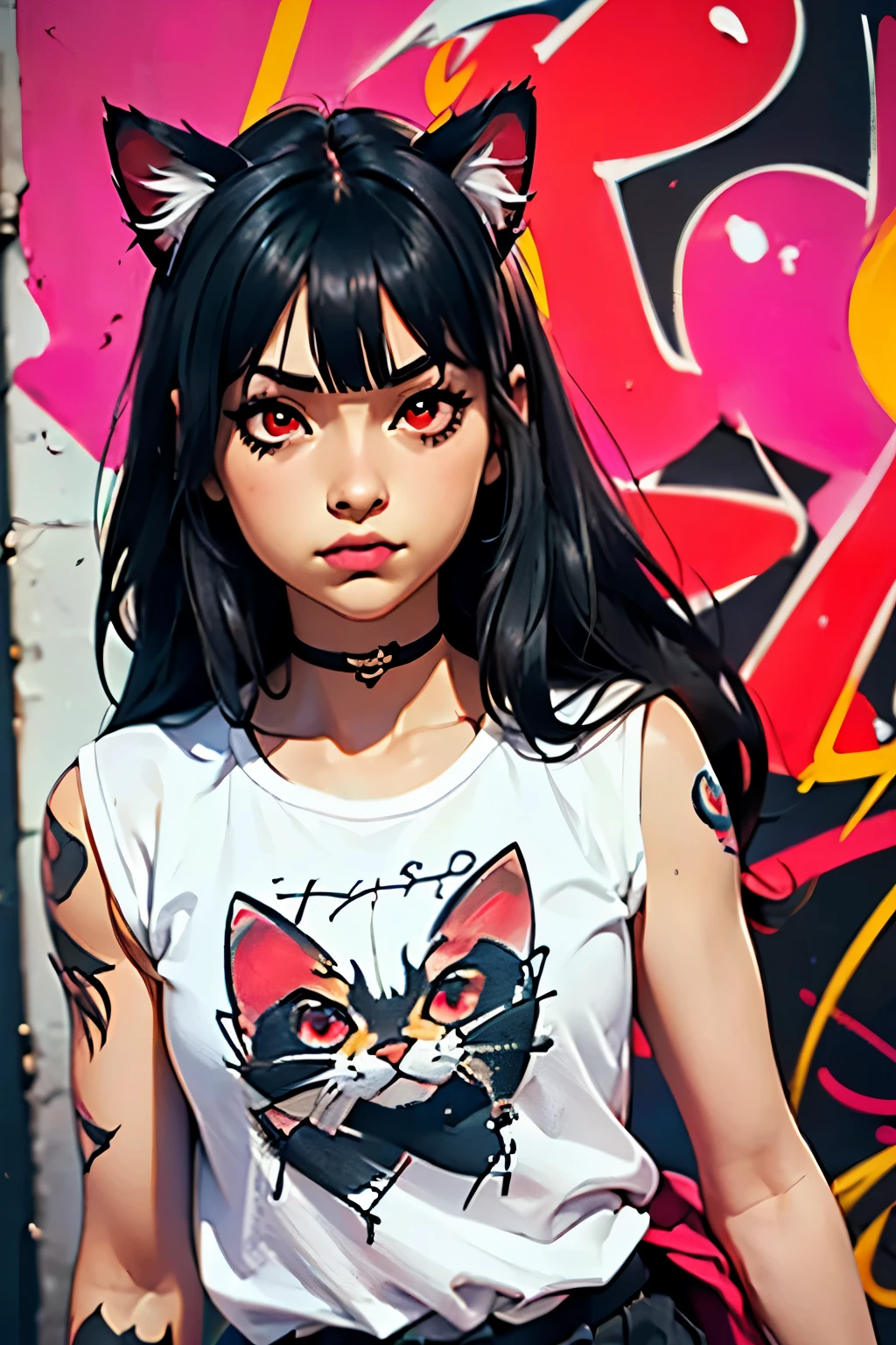 jAkotvv hiperrealista súper detallada ((de Aa chica adolescente joven )) ,  very detailed, ( hyper realistic : 1.4),  in dynamic position , A,  long black hair,  straight bangs , cat ears,  black hair,( red eyes) , tattooed arm, arcAe style. ((Fondo de pared grAge con grafiti de neón,  movie lighting)).