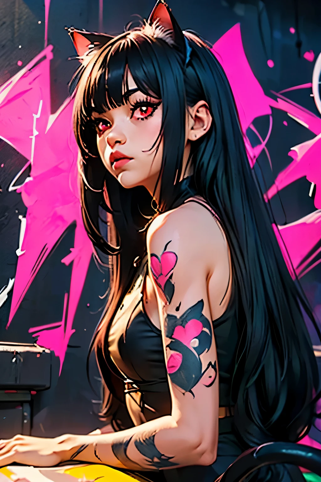 jAkotvv hiperrealista súper detallada ((de Aa chica adolescente joven )) ,  very detailed, ( hyper realistic : 1.4),  in dynamic position , A,  long black hair,  straight bangs , cat ears,  black hair,( red eyes) , tattooed arm, arcAe style. ((Fondo de pared grAge con grafiti de neón,  movie lighting)).