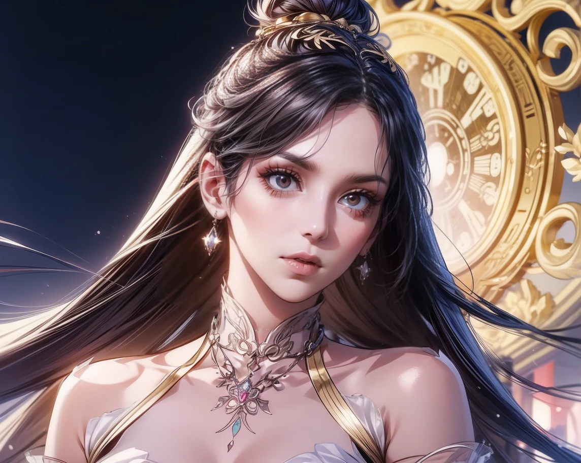 ( Photorealistic :1.4), ( masterpiece ,  exquisite beautiful cool eyes: 1.2), It is true,  3D face alternating white & gold outfit , magic circle ,Shiny skin & long black hair straight-thin15years, hair ornament, long hair, hair bun, jewelry, necklace, earrings, forehead jevelry, ,shill, aura background , small breasts, Abdomen, China , show nude  , Bangs , bun hair , small girl , nipples and pussy , riding on man and sperm leaking from pussy , golden eyes , ancient china