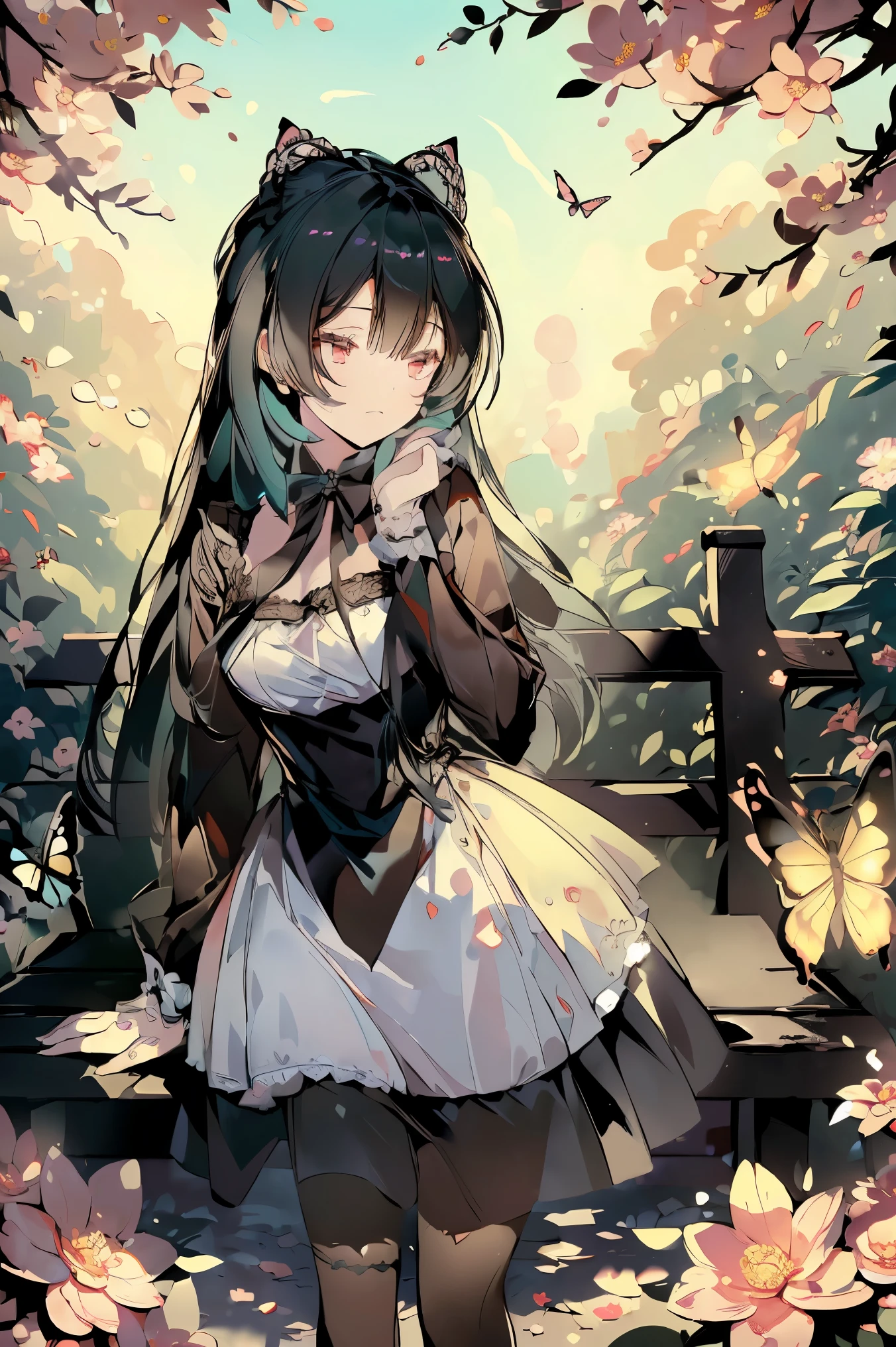 (((Best quality, 8k, Masterpiece: 1.3)), ((best quality)), ((masterpiece)), (detailed), perfect face, A charming girl dressed as a maid with cat ears, gracefully playing in a lush garden filled with vibrant flowers. She is joyfully chasing a butterfly, her movements elegant and lively. The scene is bathed in soft sunlight, with gentle shadows cast by the trees. Her maid outfit is detailed with lace and ribbons, and her cat ears are fluffy and expressive. The butterfly is brightly colored, fluttering just out of her reach, adding a sense of playful motion to the scene. The background features blooming flowers, a wooden bench, and a stone path, creating a peaceful and enchanting atmosphere