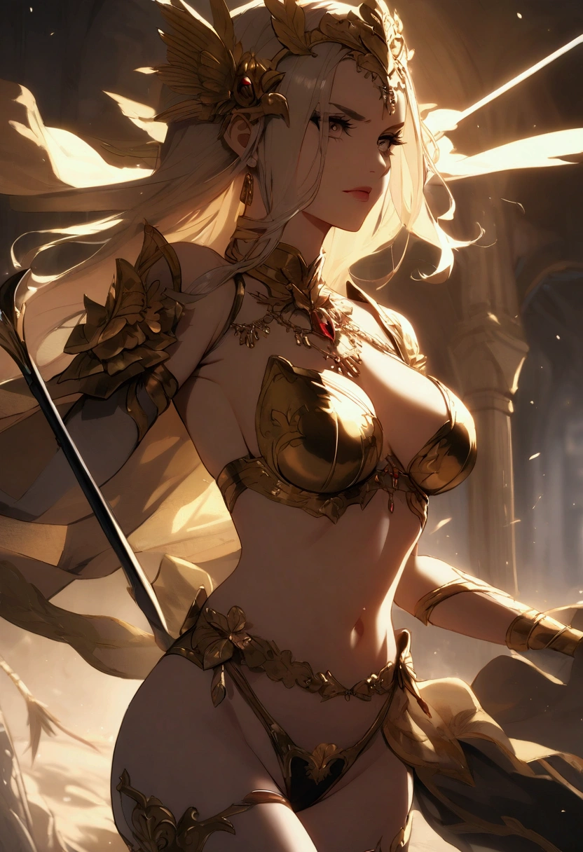 woman, 20's, beautiful, hero, blond hair, golden eyes, bangs, long hair, chlotes, had silver sword, medium breast, sexy, overly voloptuos body