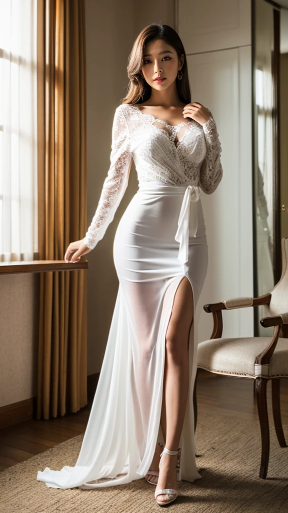 (girl in luxurious room, luxurious room, luxurious),
(((Full body shot))), (standing position, standing stylish pose), (looking at viewers, front view shots), (masterpiece, hyper realistic, hyper detailed, photoshop, photorealists), 20 years old lady, 16k, FHD, UHD, high quality pictures, extremely detailed, candid shots, (f-35 lightning ii, DSLR camera, DSLR camera shot, iconic picture shot, natural lightning), (pretty face, iconic face), (blond face, detailed face, detailed eye, detailed lips, detailed neck, ultra realistic face, ultra realistic eye, ultra realistic lips),(attractive hair style, ponytail hair style), (sagging perky breasts, perfect rounded breasts, attractive breasts), (attractive body figure, perfect body figure, perfect figure, curvy_figure, hourglass_figure), (attractive High heels, fancy high heels),
((Strapless maxi, masterpiece maxi, Iconic maxi, fancy strapless maxi, long sleeves, flared maxi, flared lace, lace maxi, flared lace maxi))