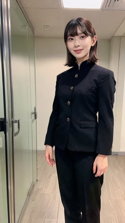 ((highest quality、8k、masterpiece:1.3))、Photorealistic, Sharp focus, High-level image quality, High resolution, Portraiture, alone, Japanese, Middle-aged women, Beauty, Embarrassed look, (business suit,　Tight Skirt:1.3),  43 years old, Plump, Bob Hair, (Wrinkles around the eyes:0.6), Office Changing Room, Many steel lockers, Dark Background,Detailed face, Beautiful Eyes, Small face, Round face, Double big eyes,Long, cat-like eyes, Long eyelashes, Big Nose, Large forehead,Huge bust,Huge hips,Thick thighs,Plump body,,Short,Height: 150cm
