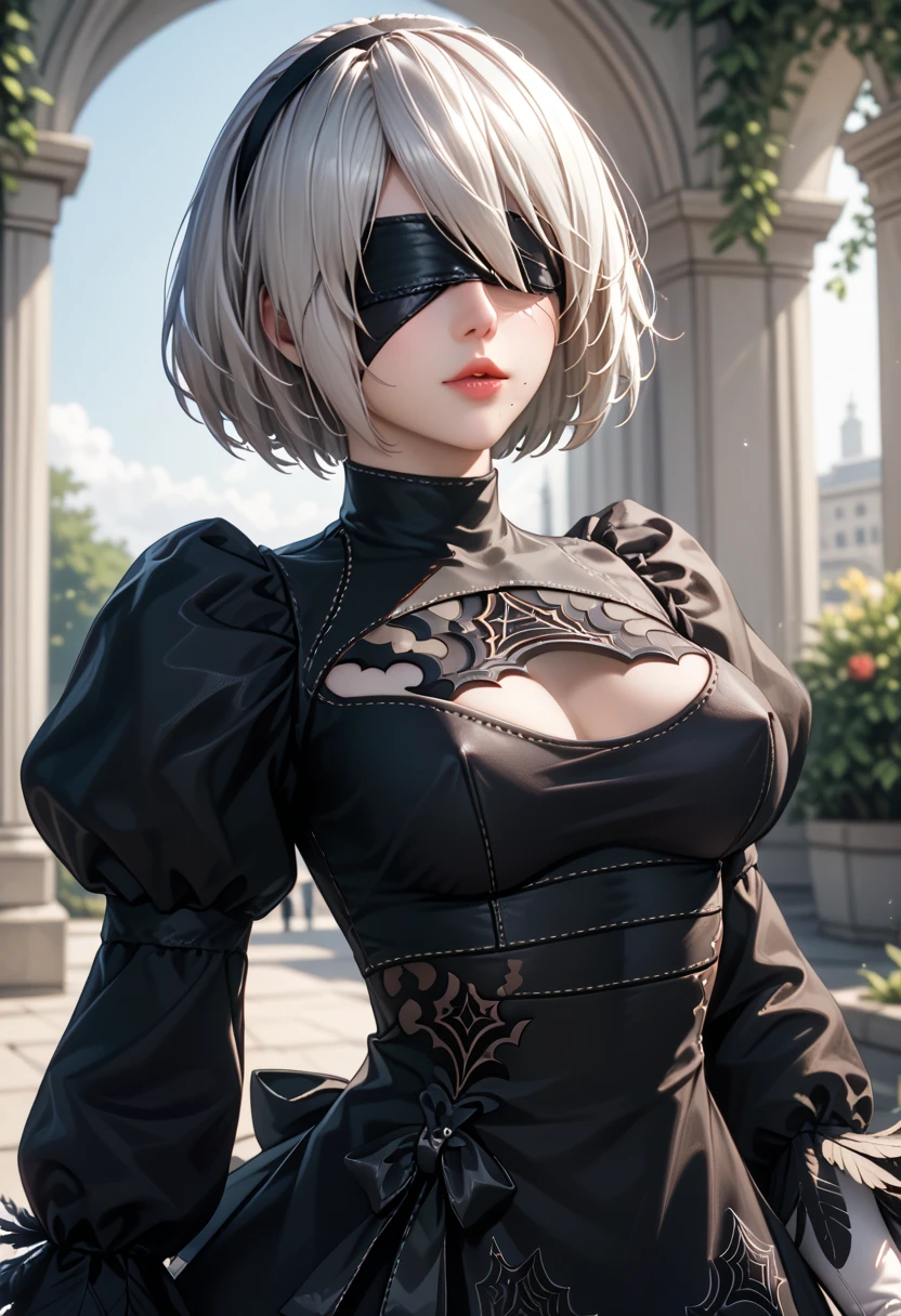 inspired by Automata、Nier automata Characters、Nier automata Cosplay、(High resolution、4K、Please redeem) Inspired by Nier、Girl in a black dress with a sword: automata。girls、((Both eyes are completely covered with a black blindfold.))、Delicate and beautiful silvery white hair、、Beautiful lip detail、And a highly detailed face with fine skin texture。She stands in a garden of brilliant colors、Blooming Flowers々Surrounded by。The garden is lit by soft natural light..、Create a peaceful atmosphere。Girl&#39;The black outfit is made from shiny leather material..、Gives a stylish and futuristic look。In his hand he holds a silver sword、Reflects sunlight。The blade is intricately engraved、Craftsmanship shines through。girl&#39;Hair blowing in the wind、Adding Dynamic Movement to a Scene。The overall image is realistic and photorealistic.、Sharp focus and vibrant colors、Increase visual impact。This artwork is from Nier : It captures the essence of Automata.、Paying homage to the iconic character 2b.。