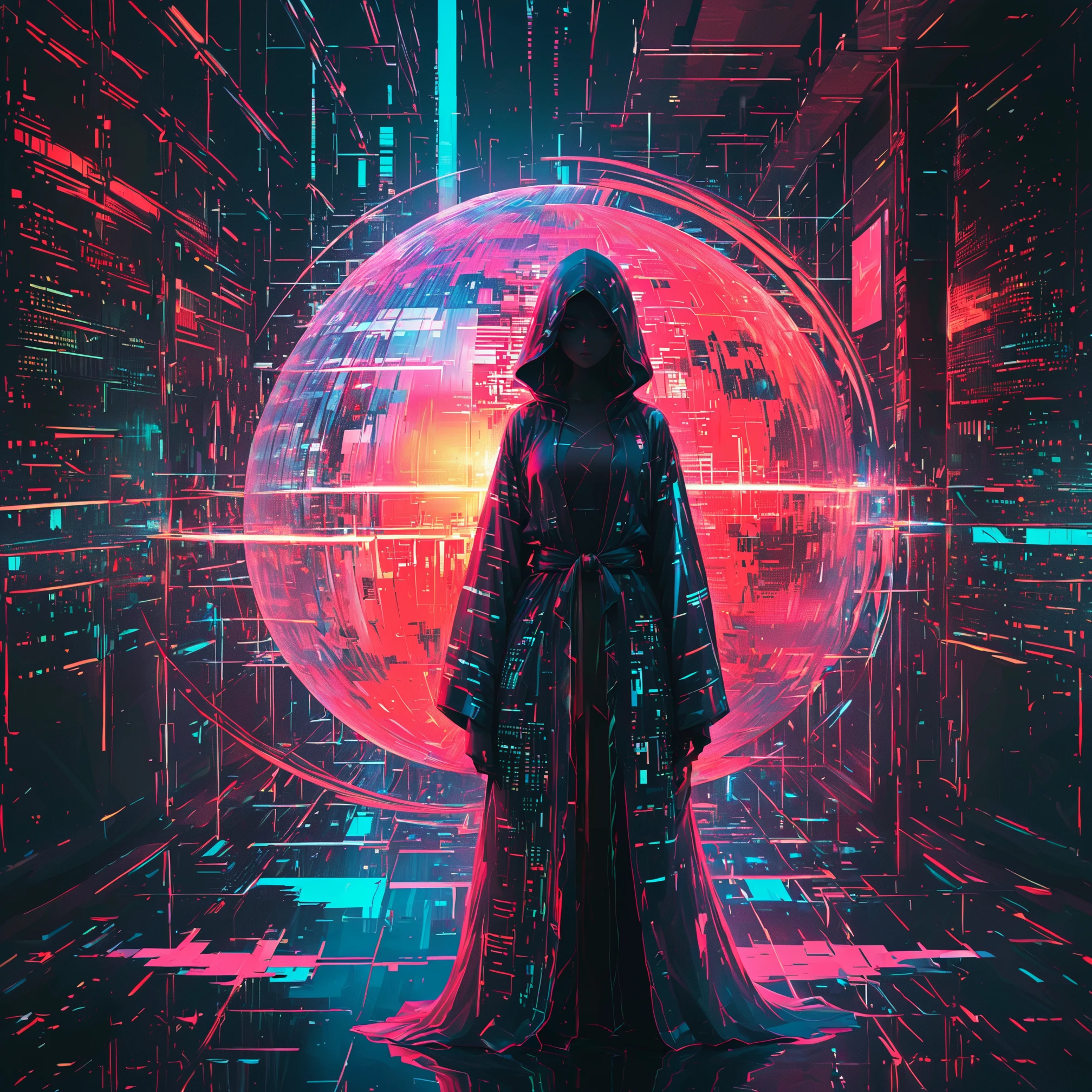 An imposing cyberspace woman warrior, standing amidst a futuristic cityscape dominated by skyscrapers covered in glowing cybernetic data, multimedia graphics, and media. Her eyes gleam like moving stock quotes, filled with numbers, and her loose robe is composed of spiraling encrypted digital symbols, programming language, and data and information streams. In one hand, she holds a large glowing rainbpw orb representing the fantasic digital world, with blue and red languages ââchaotically interacting within it. In the other hand, she holds another orb representing the connectivity between the digital and real worlds. The background is alive with flickering screens, fluctuating code, and skyscrapers bending and shifting as if responding to her will. Her expression is intense and commanding, embodying the volatility and power of the Internet reflected in the shifting lights around her. , darkcore, - SDXL - vanta-black_contrast_V3.0