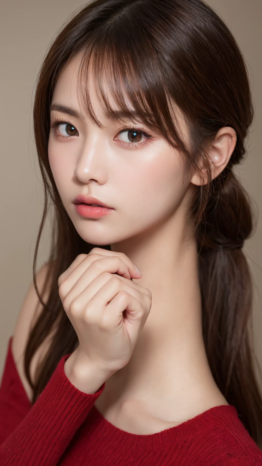 (masterpiece:1.3), (8k, Photorealistic, Raw photo, Best image quality: 1.4), 20-year-old girl、(Random Hairstyles:1.2)、Super detailed face、Attention to detail、double eyelid、Sharp focus:1.2、Beautiful woman:1.4、Light brown hair、ponytail、Natural color lip、highest quality、masterpiece、超A high resolution、(Photorealistic:1.4)、Highly detailed and professional lighting、Wear a black sweater、thin、Serious expression、Clear Skin、Random pose、Shiny Hair、Sculpture model pose、