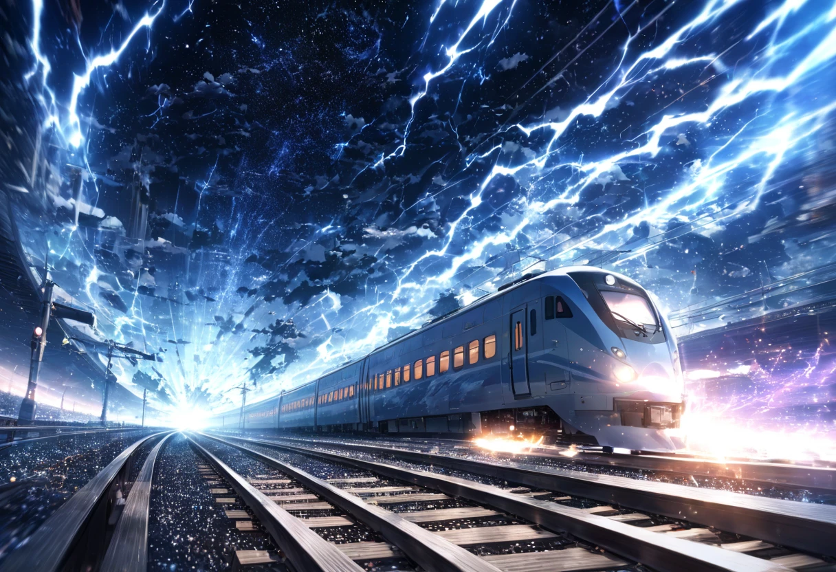 A train that transcends time and space ,  Run on rails formed by Particle Light(( motion blur:2.0 , Blue Lightning Effects :1.5 ,  Blue Particle Light Filter Effects :1.5 , backgroundぼかし)) , background:A warped world of space-time  , Dark blue bullet train 