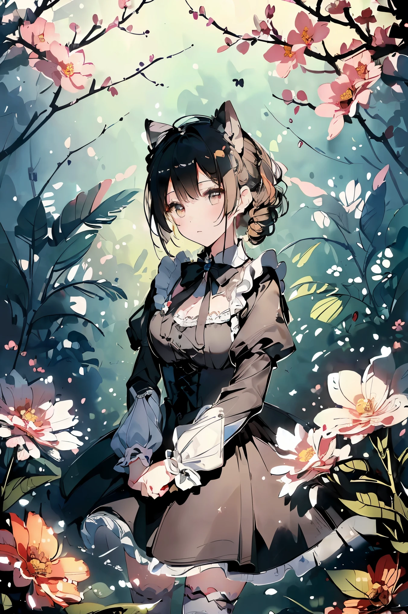 (((Best quality, 8k, Masterpiece: 1.3)), ((best quality)), ((masterpiece)), (detailed), perfect face, A charming girl dressed as a maid with cat ears, gracefully playing in a lush garden filled with vibrant flowers. She is joyfully chasing a butterfly, her movements elegant and lively. The scene is bathed in soft sunlight, with gentle shadows cast by the trees. Her maid outfit is detailed with lace and ribbons, and her cat ears are fluffy and expressive. The butterfly is brightly colored, fluttering just out of her reach, adding a sense of playful motion to the scene. The background features blooming flowers, a wooden bench, and a stone path, creating a peaceful and enchanting atmosphere