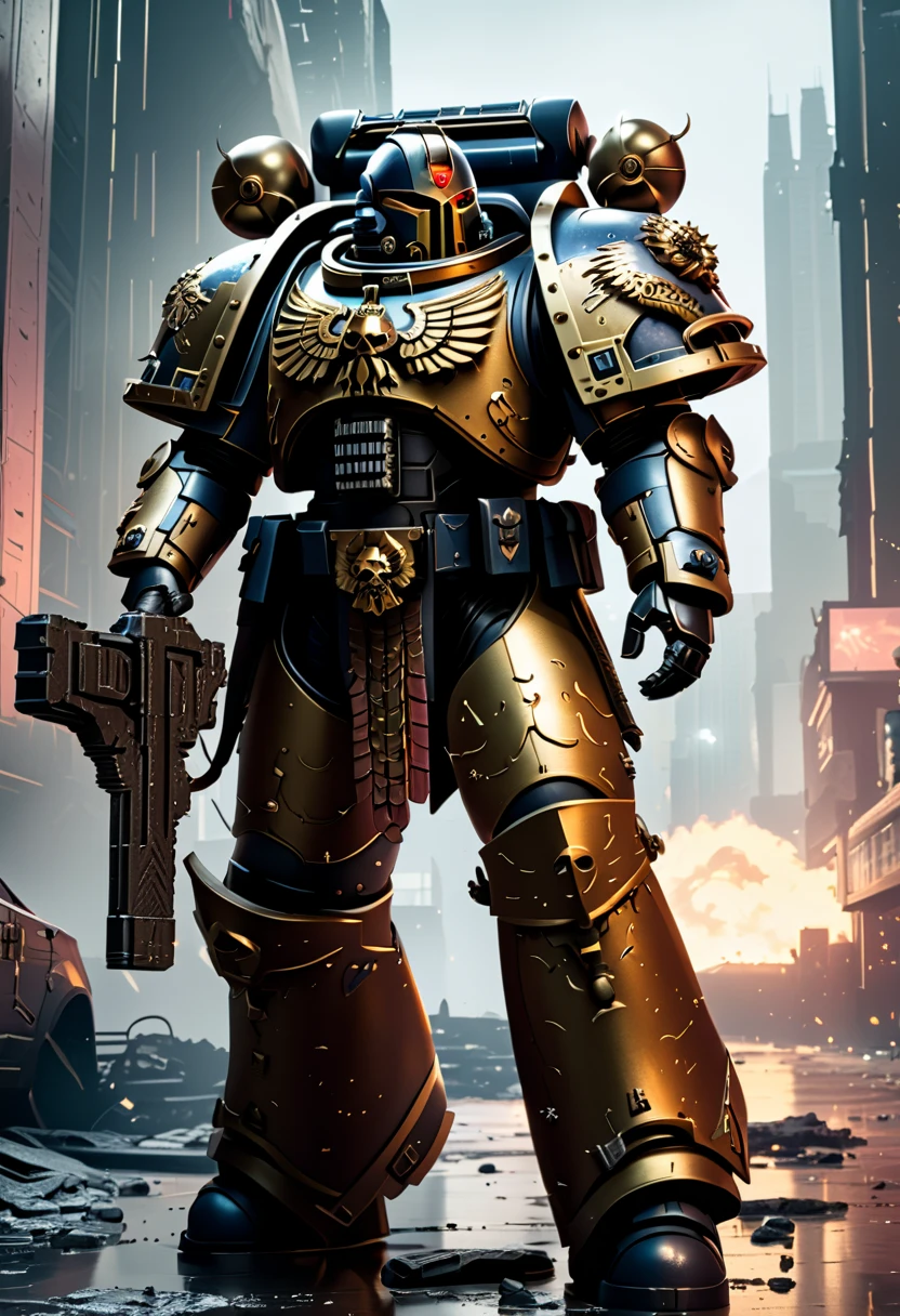 Warhammer 40K universe, Storm Wardens Knight's Armor Astartes from the 2nd Legion，Mechanical suit of obsidian red, black and gold armor， standing victorious over a non-compliance world with other，Intense war-like environment，holding a power sword，Destroyed buildings and flames，The background is a futuristic cityscape，severe and threatening atmosphere，Sci-fi cyberpunk aesthetics，High contrast and desaturated tones，Dramatic and dynamic lighting effec。best quality,4k,(highres,masterpiece:1.2),ultra-detailed,(realistic,photorealistic,photo-realistic:1.37)