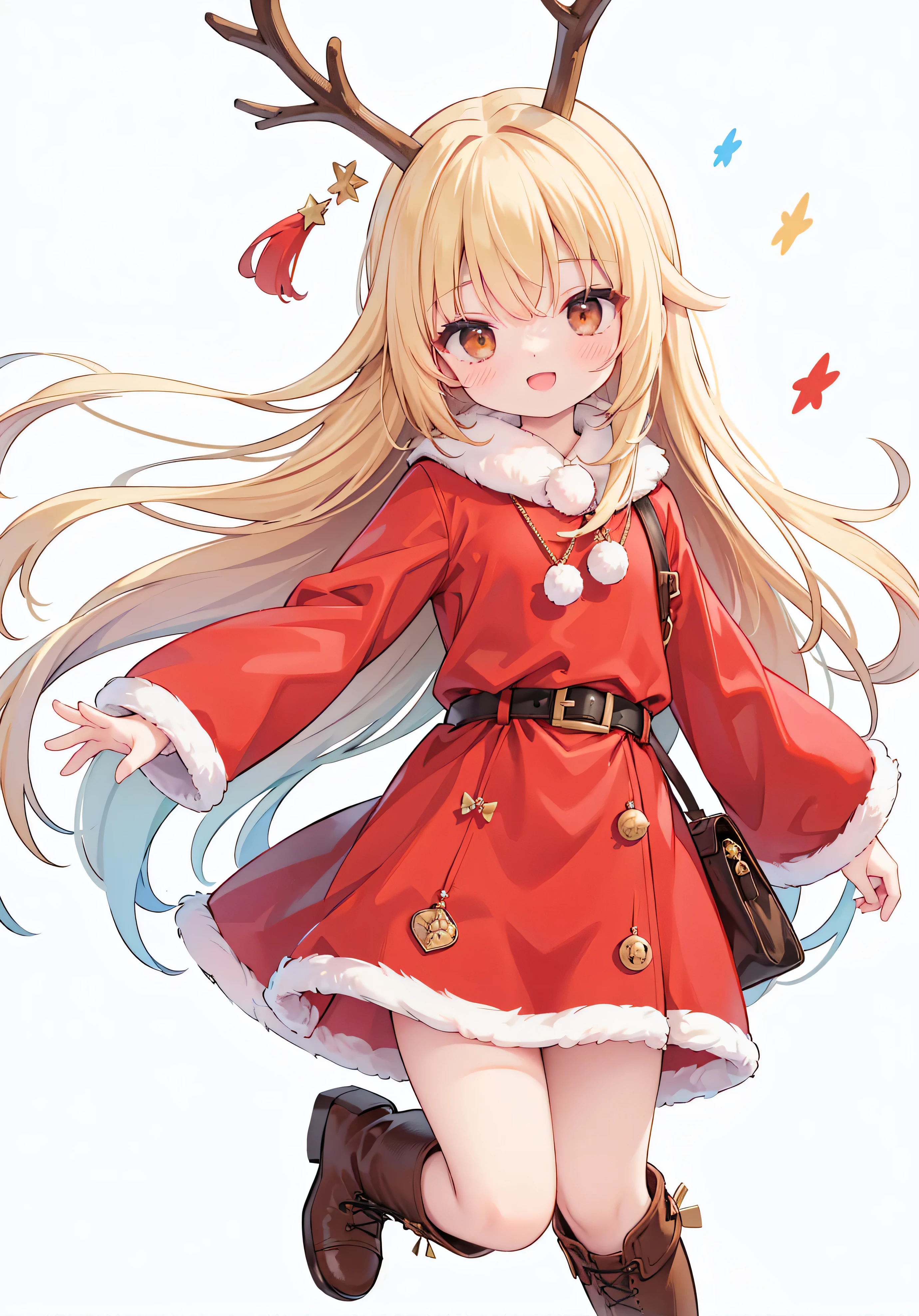 extremely detaild的 CG unified 8k wallpapers, very fine 8kcg-wallpapers , Huang Li,ads on , best quality ,ultra - detailed , beautiful face , tMasterpiece、 tMasterpiece, first-class, 1 girl in, A girl stands, best quality , 1 girl in, The explosion, Corey (the first god), , Alone, Start-up, gloves, red headgear, ssmile, With open mouth, Smiles sweetly , looking at the viewer , arms stretched wide, a red Santa Claus costume, reindeer antler , long blonde hair , brown boots, longer sleeves , Red long dress, brown boots,, brown eyes, :d, long Blonde hair, hair between the eyes ,Jump up , white background, bare hands