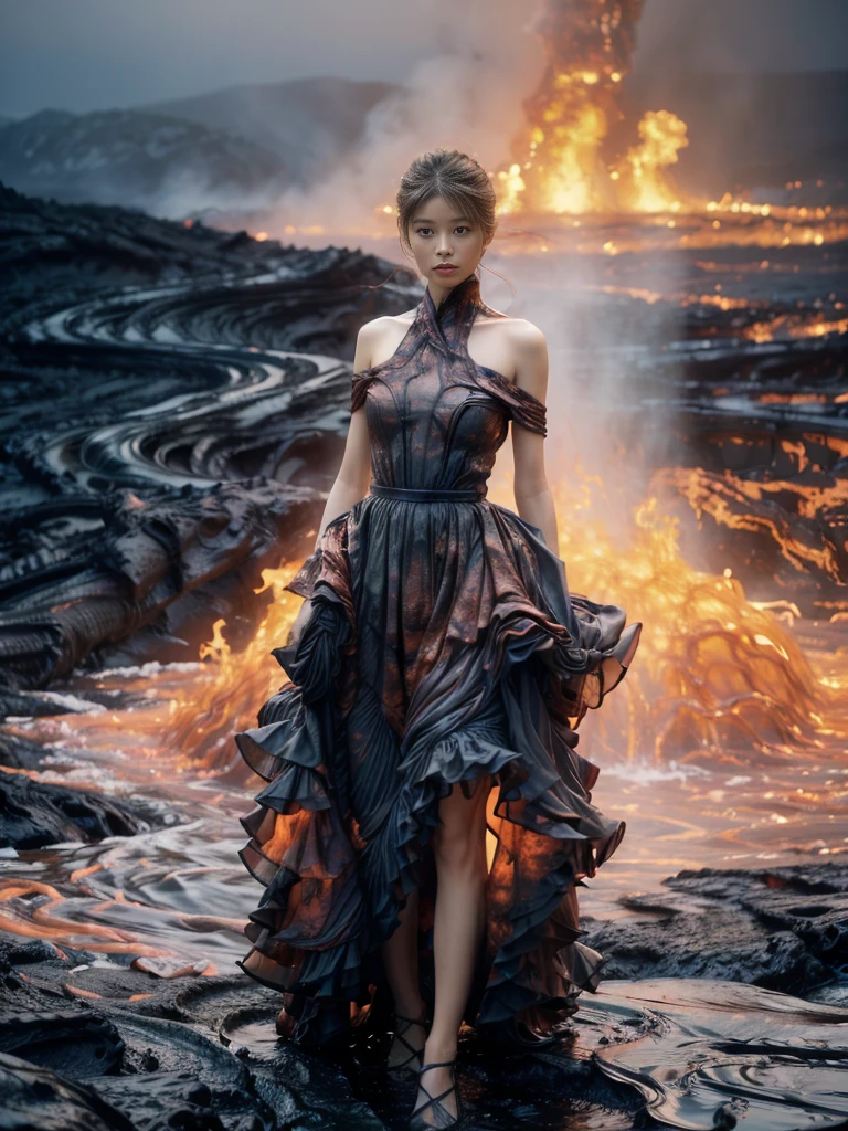 (8K, RAW photo, Best quality,Masterpiece:1.2),(Realistic, photo-realistic:1.37), 1girll,Long legs, full bodyesbian,(molten lava:1.3),Ocean,Dress made of roses，a volcano erupts，Magma flow，Infrared photography, 1.4x realism，UHD，textured skitomy correct，Accurate and perfect Korean female face，Golden ratio)